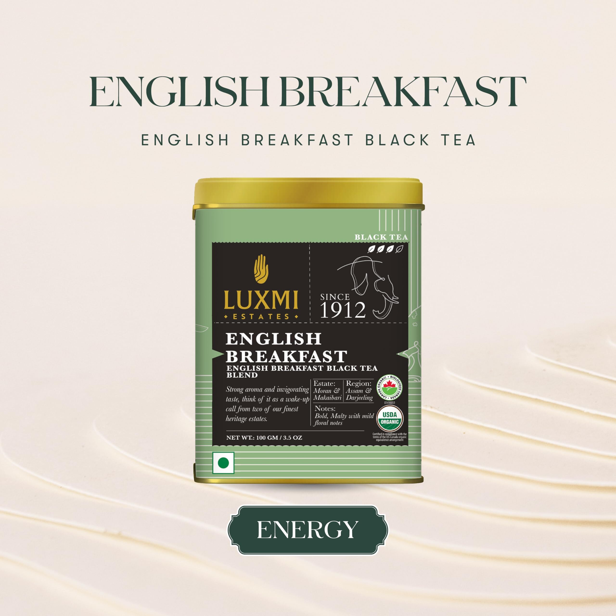 LUXMI Estates English Breakfast Tea 100Gm Loose Leaf Tin | A Tale Of Two Estates | Certified Organic Black Tea Leaf | Smooth, Flavorful, Robust, Caffeinated | 100 Grams