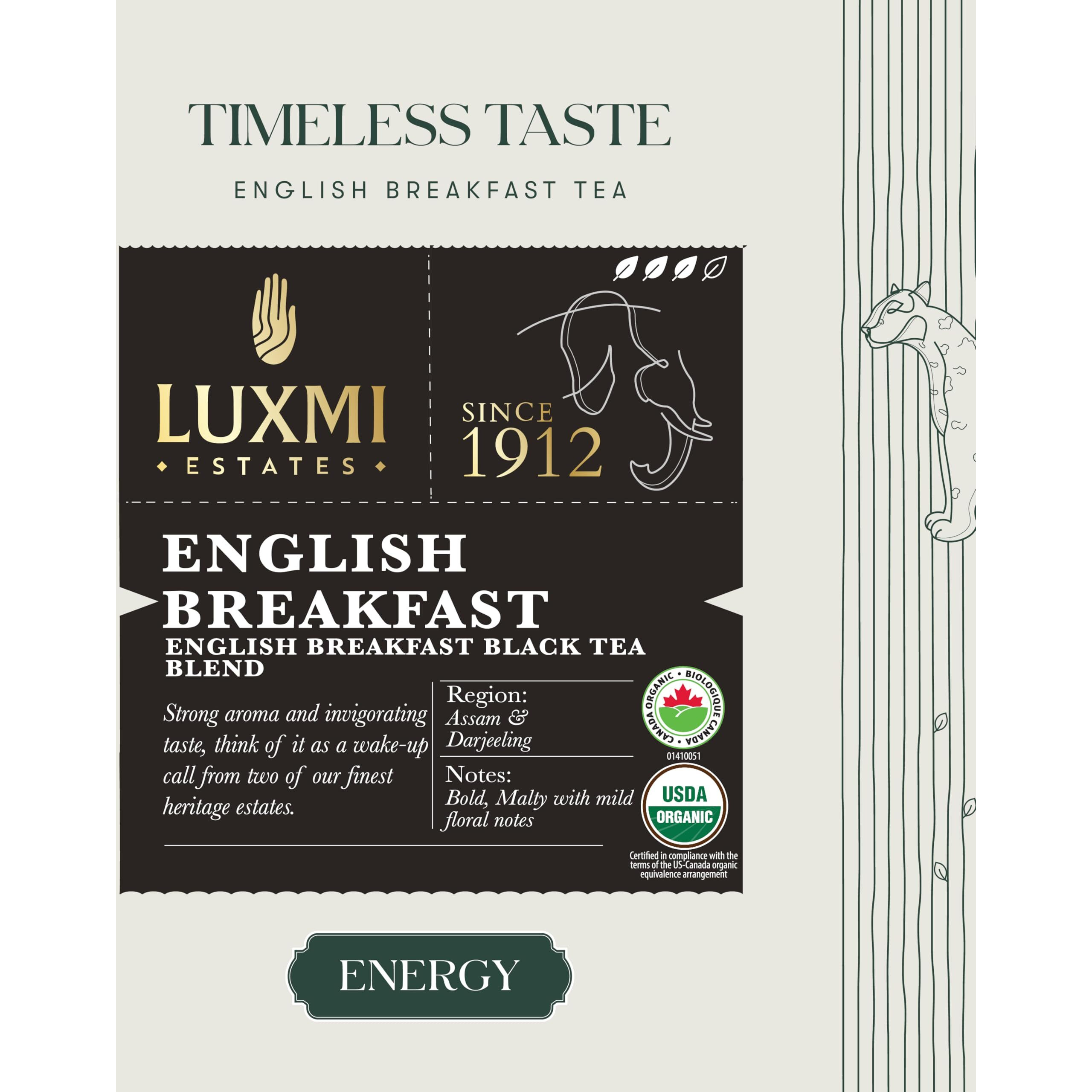 LUXMI Estates English Breakfast Tea 100Gm Loose Leaf Tin | A Tale Of Two Estates | Certified Organic Black Tea Leaf | Smooth, Flavorful, Robust, Caffeinated | 100 Grams