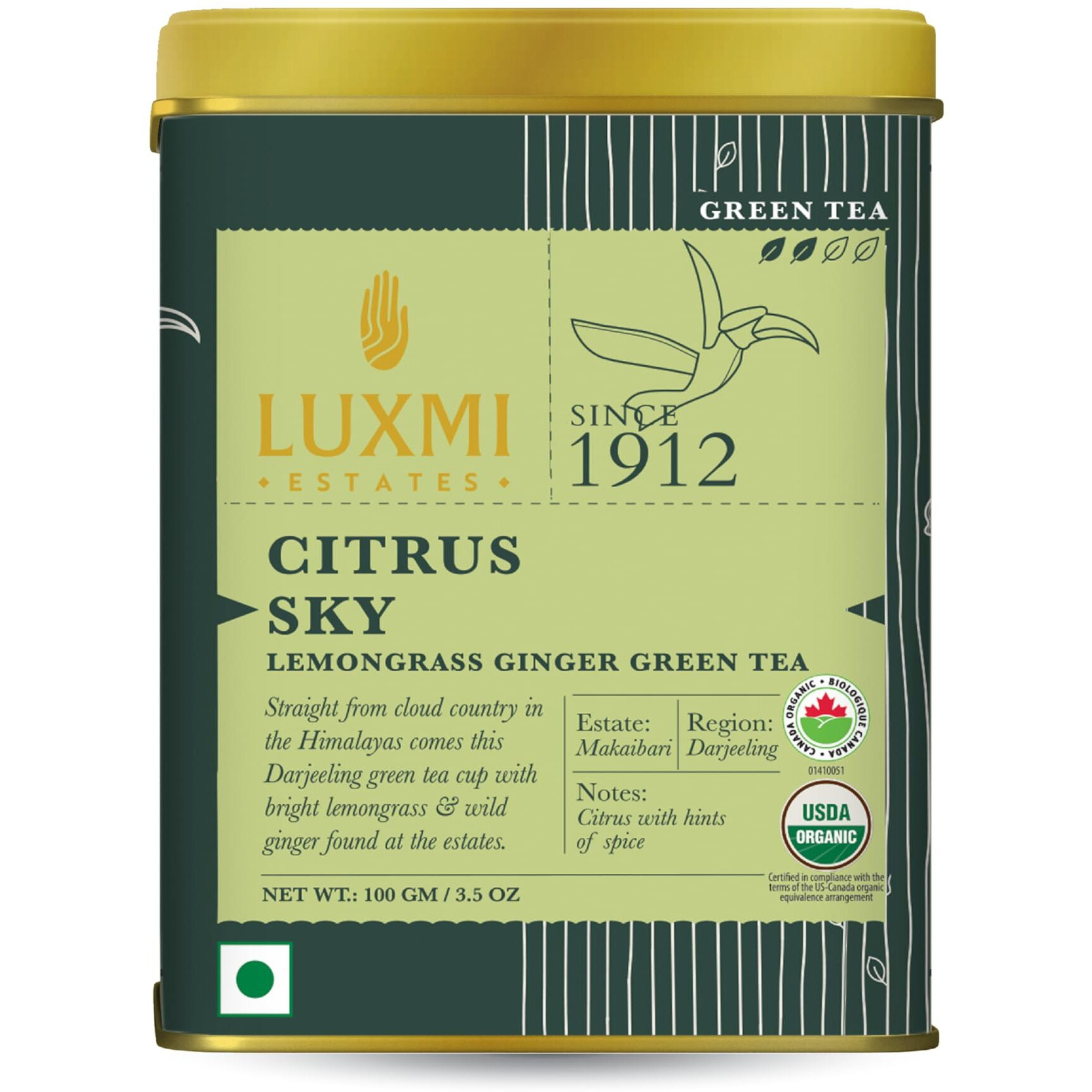 Luxmi Estates Citrus Sky Lemongrass Ginger Green Tea - 100gm Tin Loose Leaf | Certified Organic Darjeeling | Natural Lemon Balm Tea - Calming, Supports Digestion