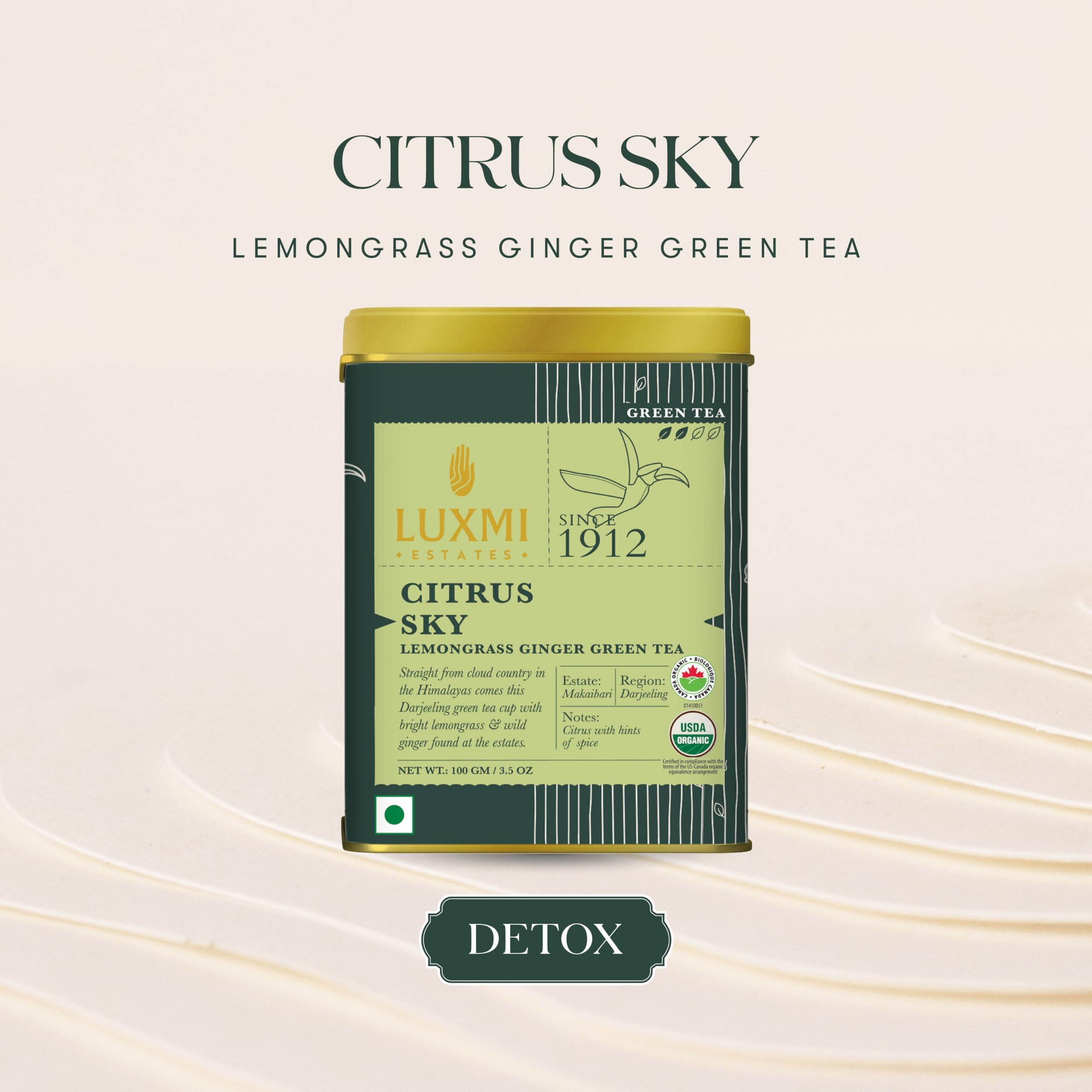 Luxmi Estates Citrus Sky Lemongrass Ginger Green Tea - 100gm Tin Loose Leaf | Certified Organic Darjeeling | Natural Lemon Balm Tea - Calming, Supports Digestion