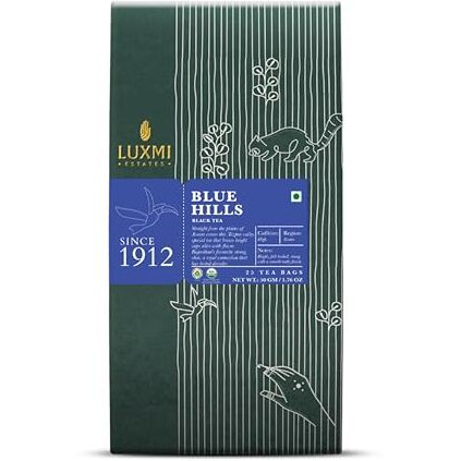 LUXMI Estates Blue Hills Black Tea Blend 25 Tea Bags Pack | Organic Black Ctc Tea | 25 Cups | Jodhpur Blend | Premium Ctc Blended Tea With Leaf | Strong Assam Flavour | 100% Natural Teas - 80 Gm