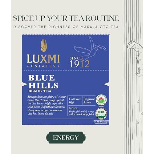 LUXMI Estates Blue Hills Black Tea Blend 25 Tea Bags Pack | Organic Black Ctc Tea | 25 Cups | Jodhpur Blend | Premium Ctc Blended Tea With Leaf | Strong Assam Flavour | 100% Natural Teas - 80 Gm
