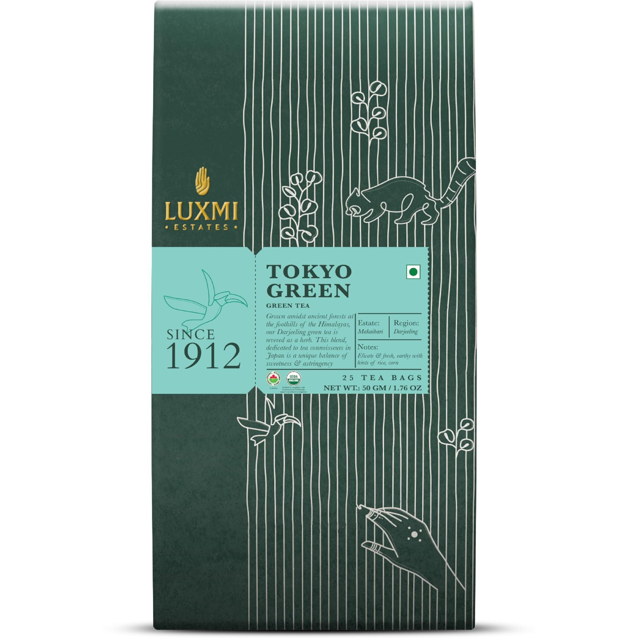 Luxmi Estates Tokyo Green Blend 25 Tea Bags (50gm) Pack | Low Caffeine Organic Green Tea | Stress Relieving & Refreshing | Immunity Booster | Rich in Antioxidants