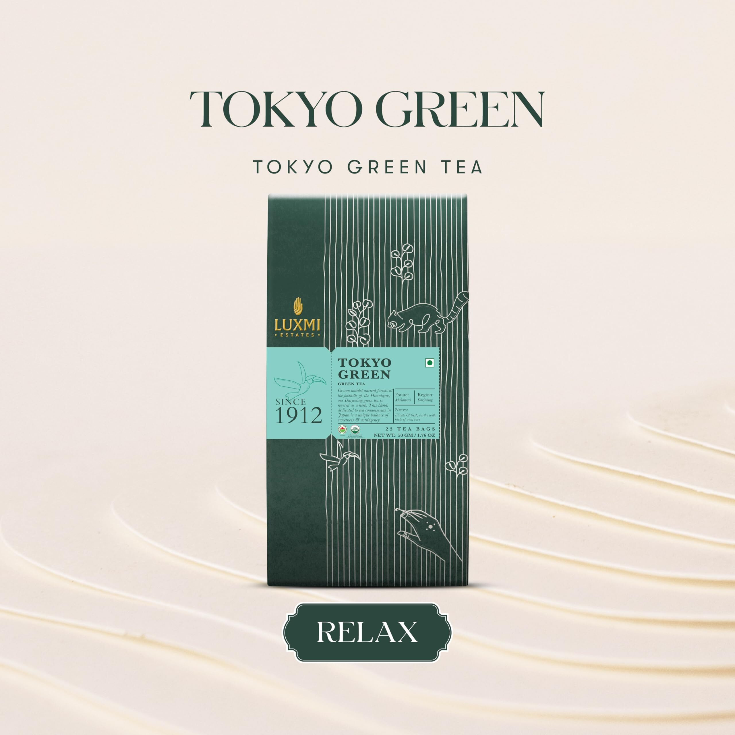 Luxmi Estates Tokyo Green Blend 25 Tea Bags (50gm) Pack | Low Caffeine Organic Green Tea | Stress Relieving & Refreshing | Immunity Booster | Rich in Antioxidants