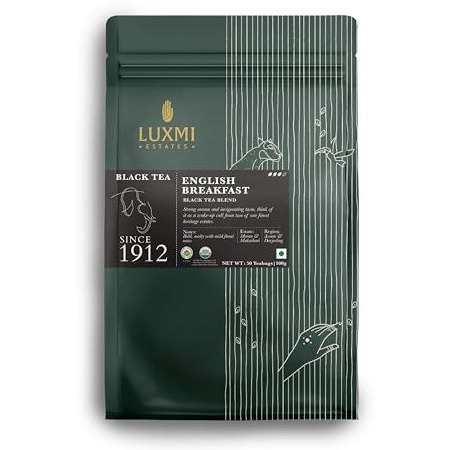 LUXMI Estates English Breakfast Tea 50 Tea Bags (100 Gm) Pack | A Tale Of Two Estates | Certified Organic Black Tea Leaf | Smooth, Flavorful, Robust, Caffeinated | Darjeeling & Assam Tea