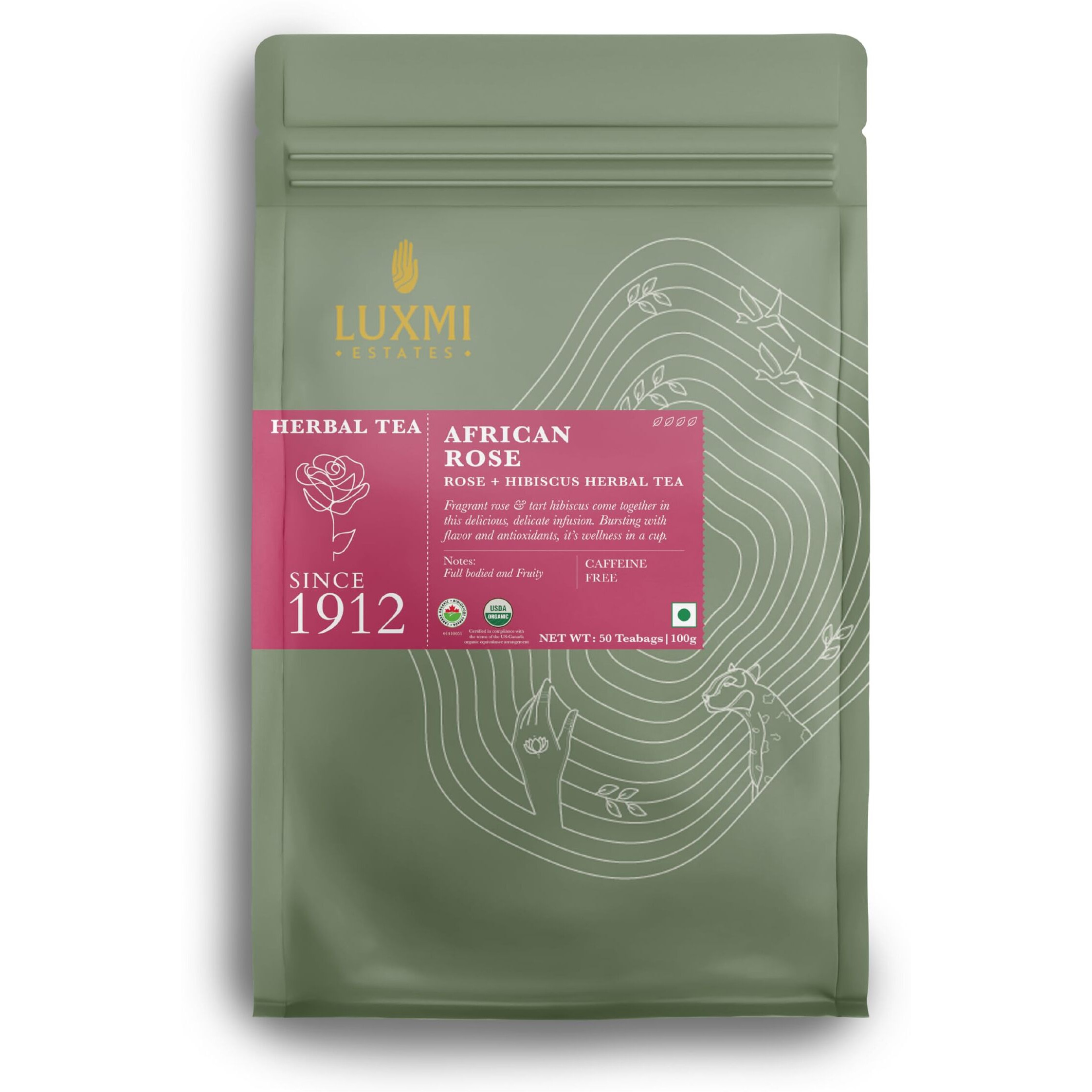 LUXMI Estates African Rose Herbal Tea 50 Tea Bags (100 Gm) Pack |Certified Organic Tea|Hibiscus,Roses|Decaffeinated|Flavourful|100% Natural |50 Cups Bulk Pack