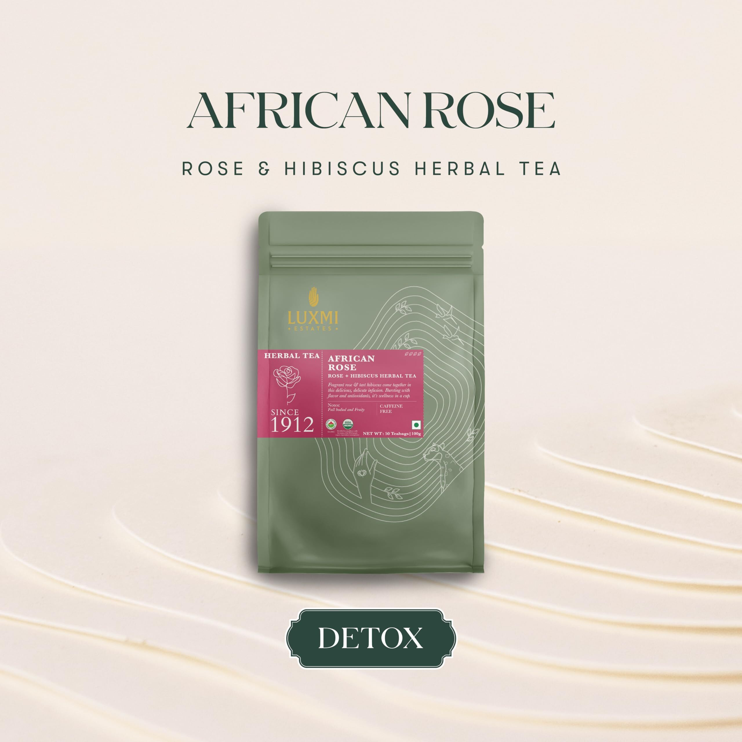 LUXMI Estates African Rose Herbal Tea 50 Tea Bags (100 Gm) Pack |Certified Organic Tea|Hibiscus,Roses|Decaffeinated|Flavourful|100% Natural |50 Cups Bulk Pack