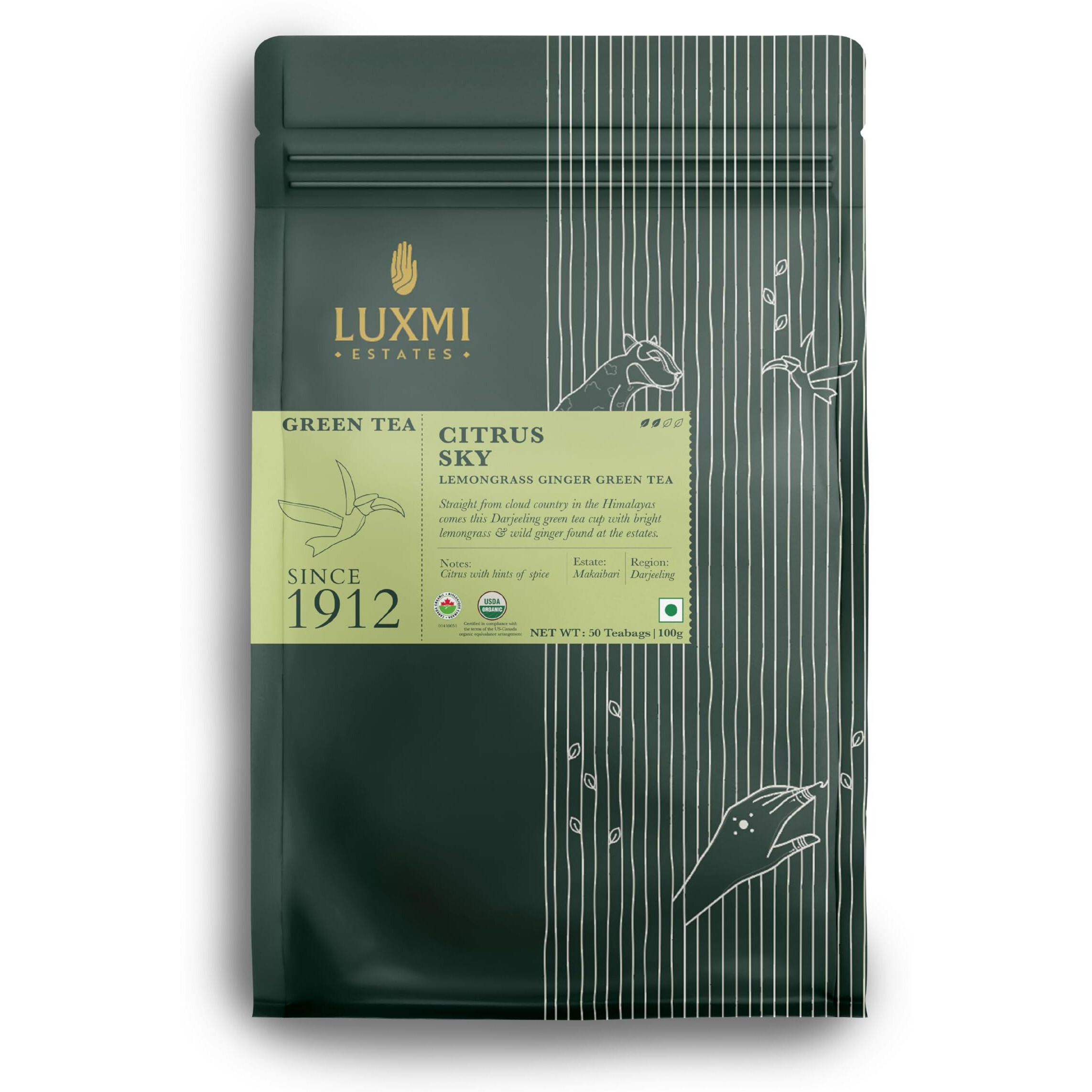 LUXMI Estates Citrus Sky Lemongrass Ginger Green Tea 50 Tea Bags (100 Gm) Pack | Certified Organic Darjeeling Green Tea | Natural Lemon Balm Tea - Calming, Supports Digestion | 50 Cups Bulk Pack
