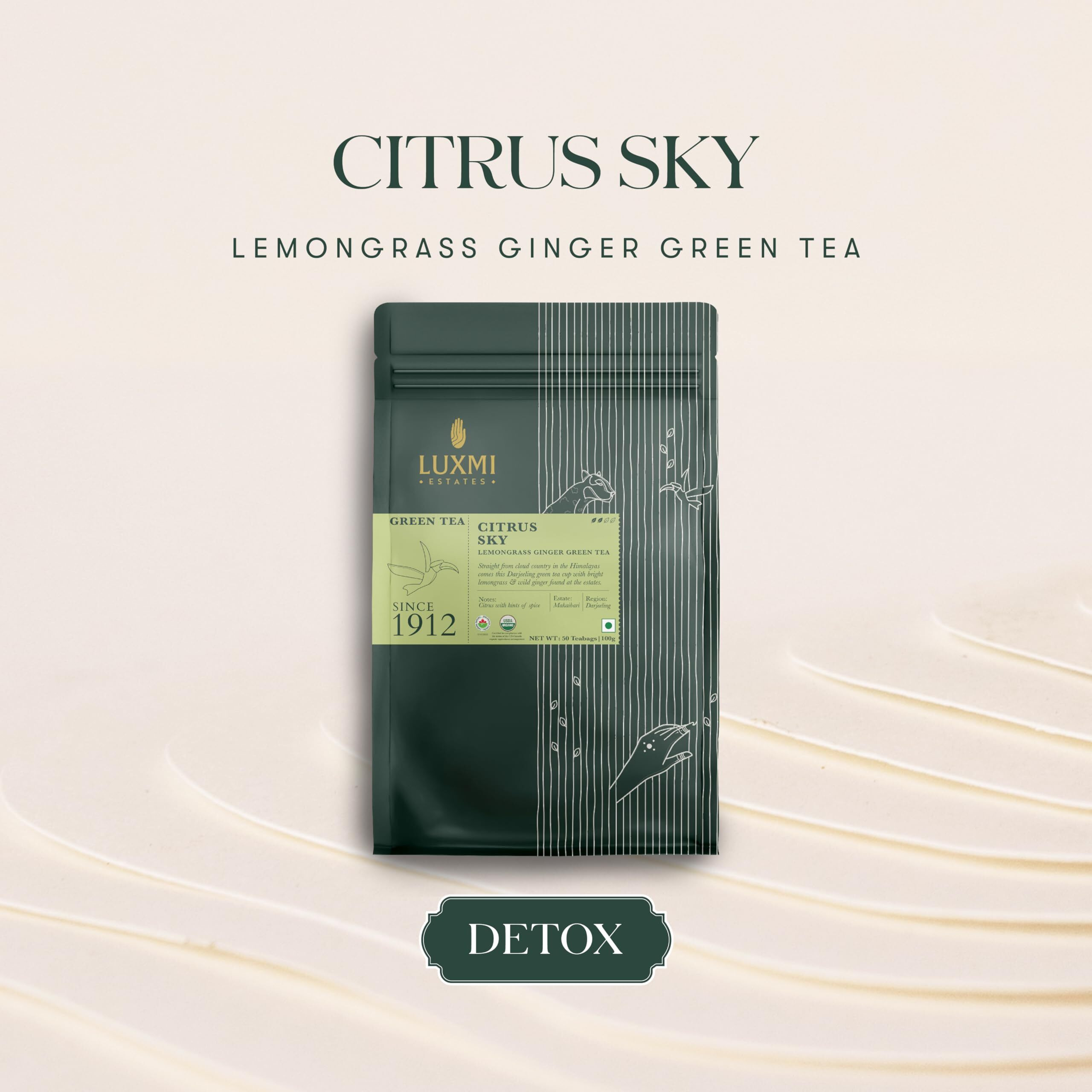 LUXMI Estates Citrus Sky Lemongrass Ginger Green Tea 50 Tea Bags (100 Gm) Pack | Certified Organic Darjeeling Green Tea | Natural Lemon Balm Tea - Calming, Supports Digestion | 50 Cups Bulk Pack