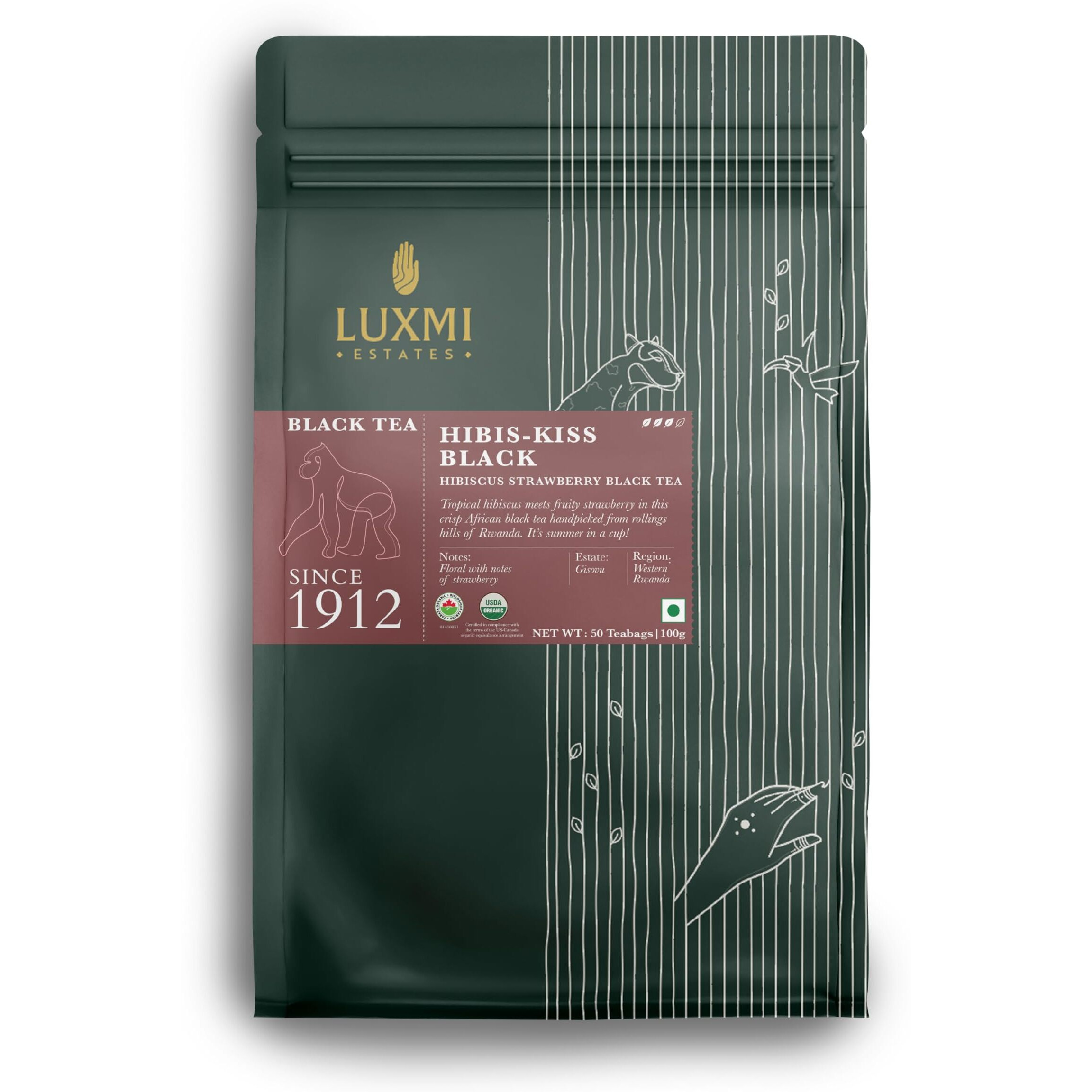 Luxmi Estates Hibiscus Black Tea 50 Tea Bags (100gm)| USDA Certified Organic Hibiscus Strawberry Black Tea|Lemongrass, Spearmint|Herbal| 50 Cups Bulk Pack