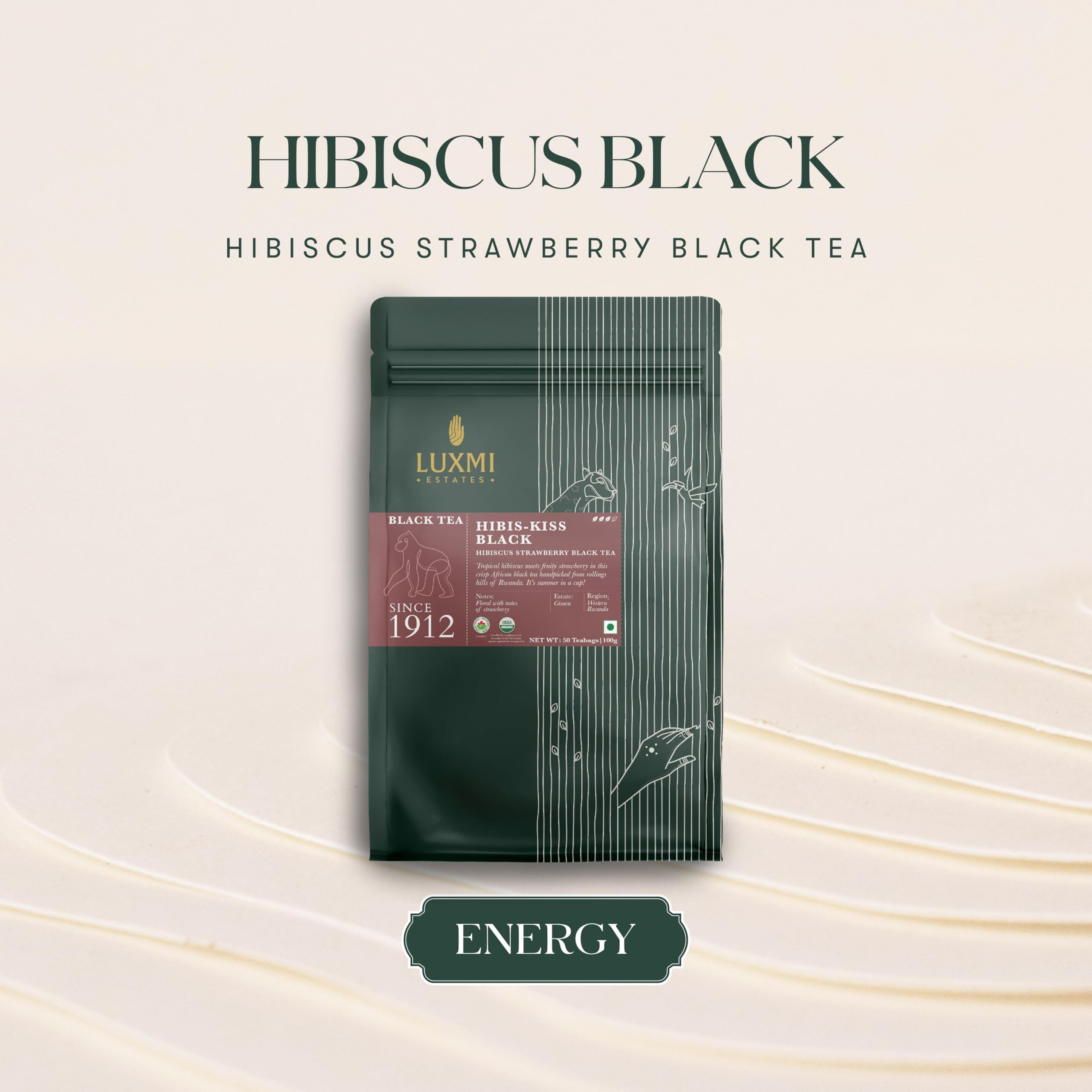 Luxmi Estates Hibiscus Black Tea 50 Tea Bags (100gm)| USDA Certified Organic Hibiscus Strawberry Black Tea|Lemongrass, Spearmint|Herbal| 50 Cups Bulk Pack