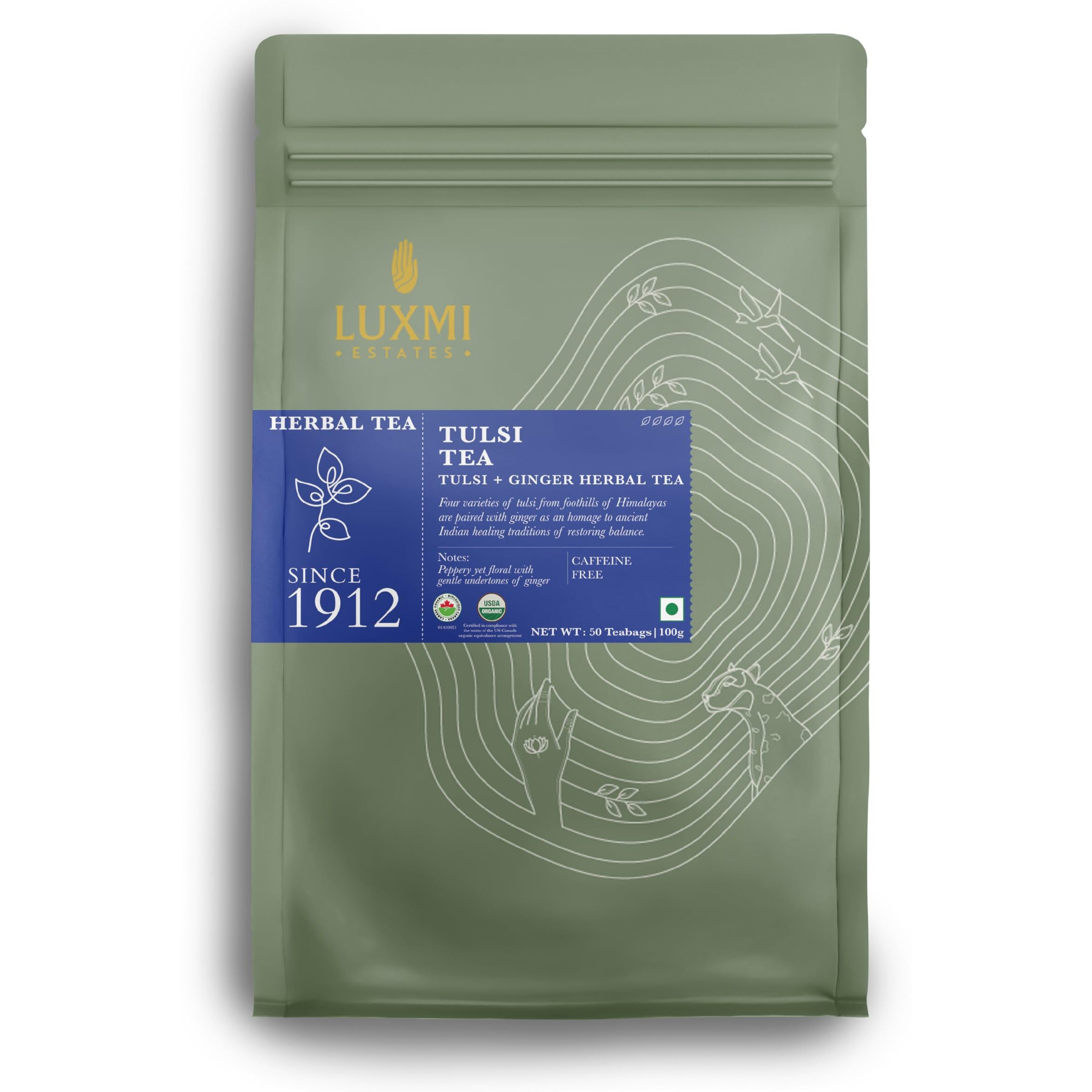 LUXMI Estates, Organic Tulsi Tea 50 Tea Bags (100G) | Caffeine Free, Non-Gmo, Usda Organic Tulsi Leaves- Tulsi Tea | Immune Support, Relief & Uplift Mood | 50 Cups Bulk Pack, Assam