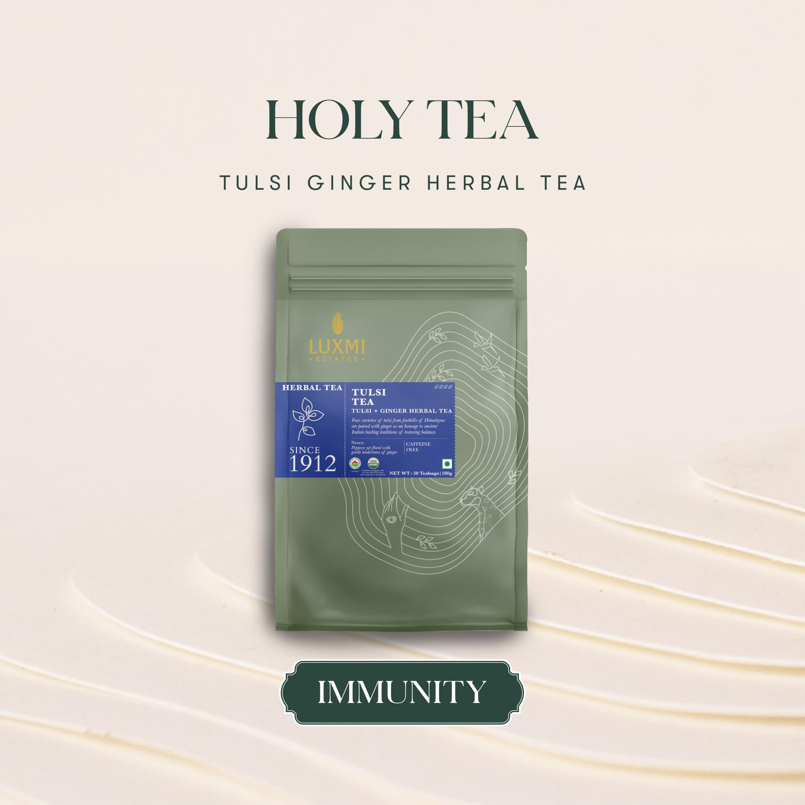 LUXMI Estates, Organic Tulsi Tea 50 Tea Bags (100G) | Caffeine Free, Non-Gmo, Usda Organic Tulsi Leaves- Tulsi Tea | Immune Support, Relief & Uplift Mood | 50 Cups Bulk Pack, Assam