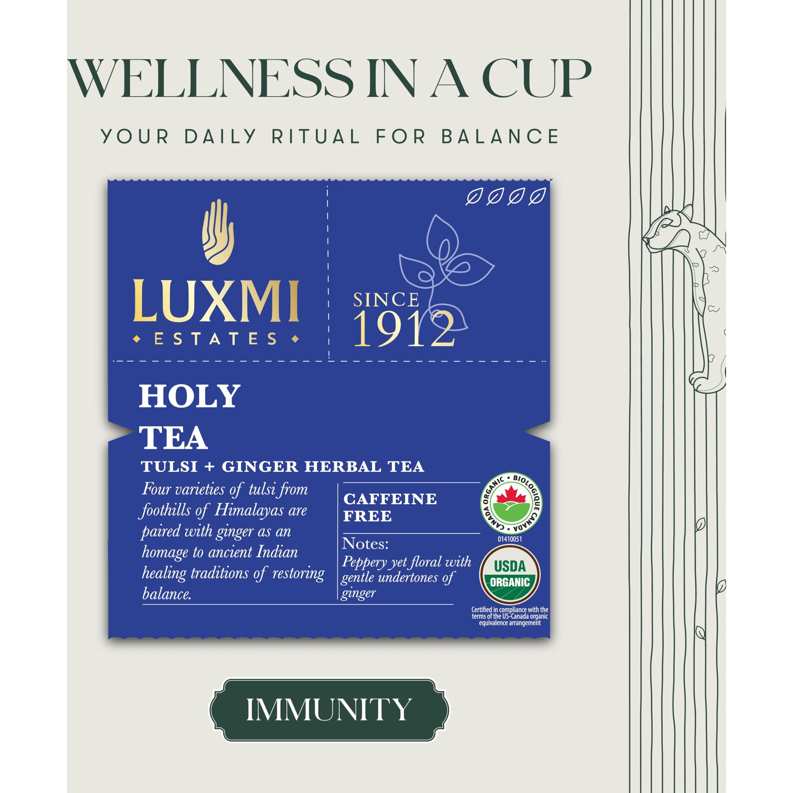 LUXMI Estates, Organic Tulsi Tea 50 Tea Bags (100G) | Caffeine Free, Non-Gmo, Usda Organic Tulsi Leaves- Tulsi Tea | Immune Support, Relief & Uplift Mood | 50 Cups Bulk Pack, Assam