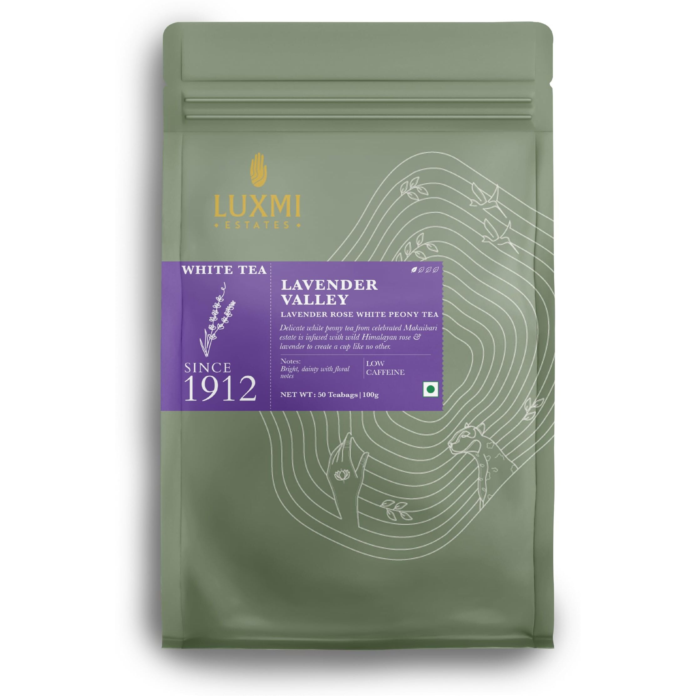 LUXMI Estates Lavender Valley White Tea 50 Tea Bags (100 Gm) Pack | Certified Organic White Tea Bulk Pack