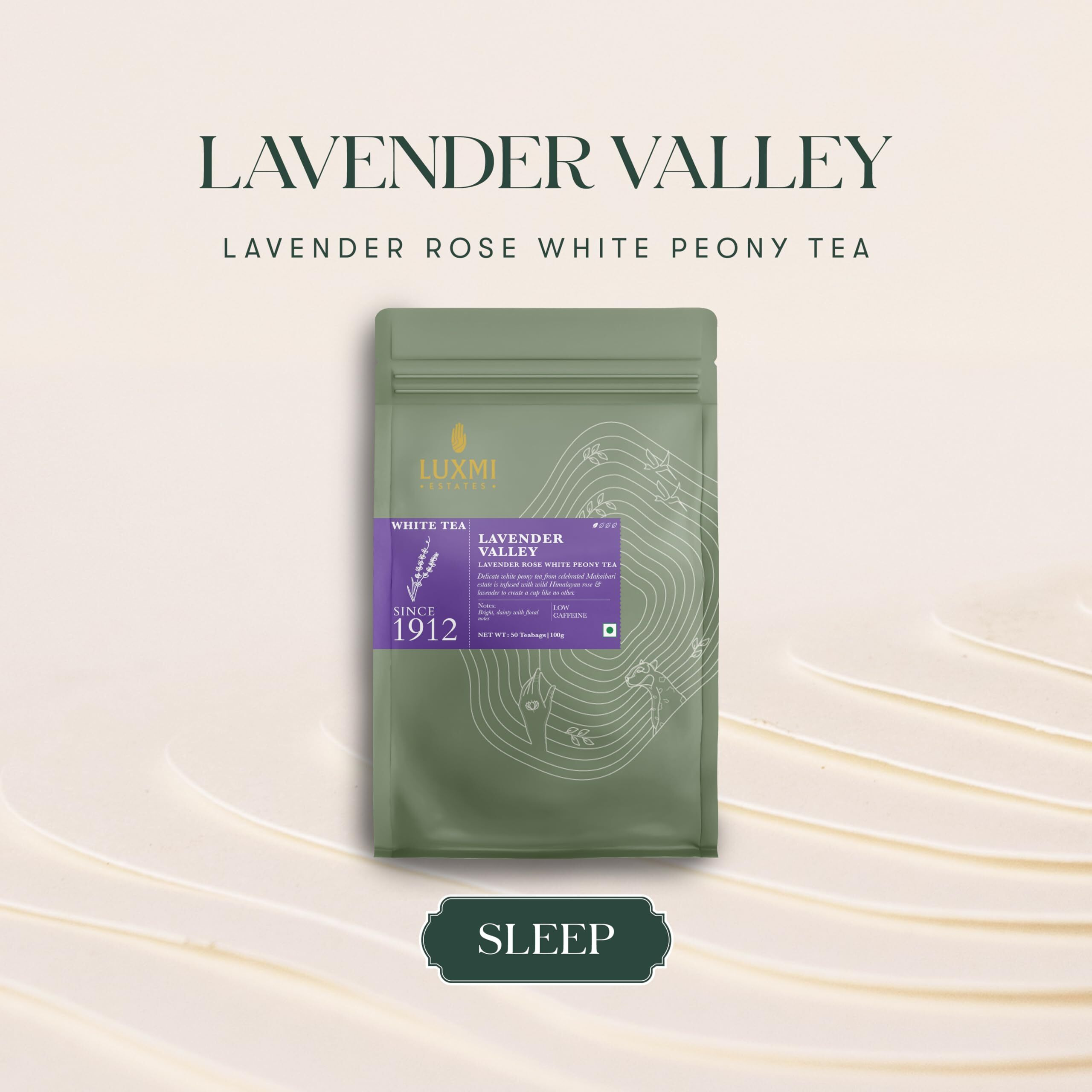 LUXMI Estates Lavender Valley White Tea 50 Tea Bags (100 Gm) Pack | Certified Organic White Tea Bulk Pack