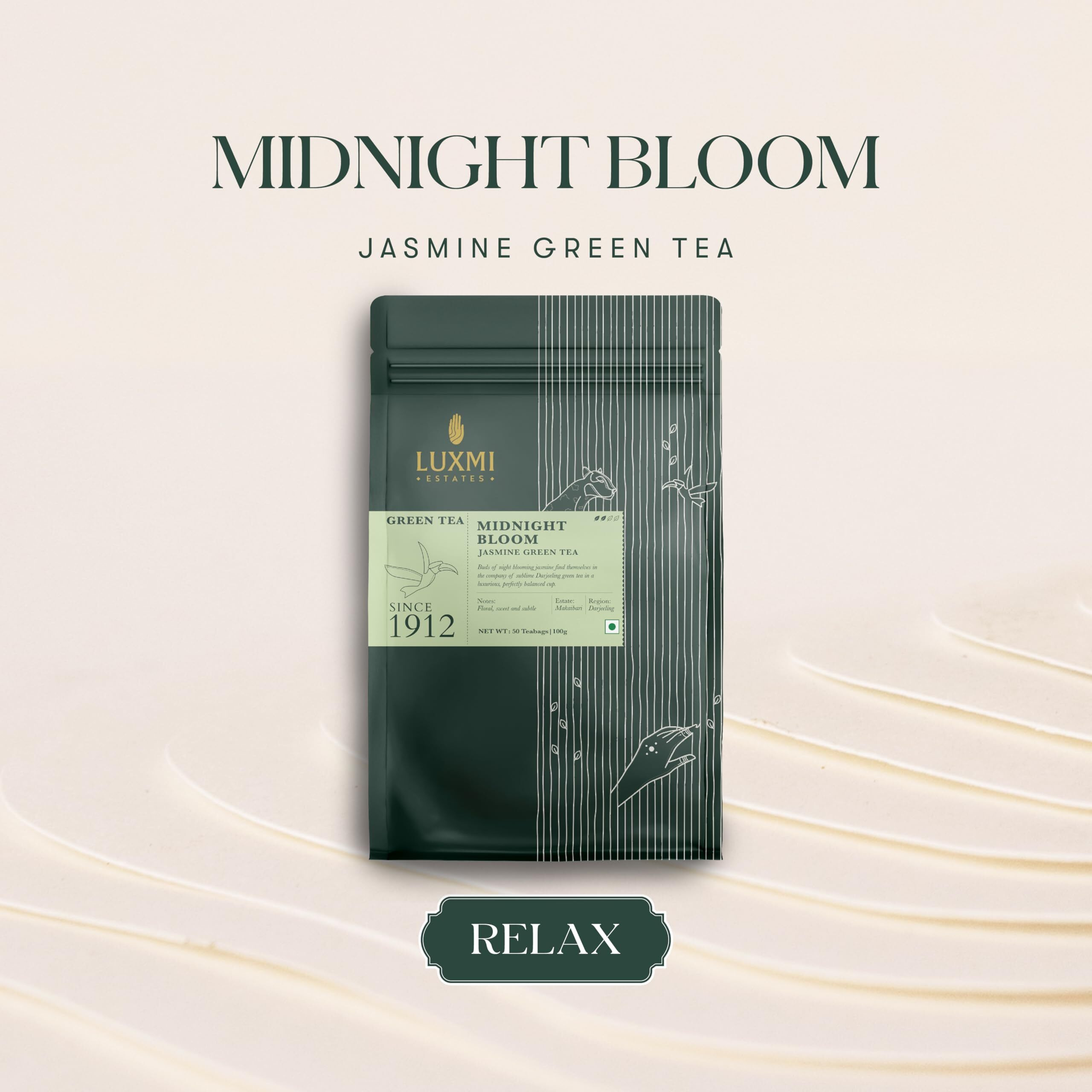 LUXMI Estates Midnight Bloom Jasmine Green Loose Leaf Tea 50 Tea Bags (100 Gm) Pack | Certified Usda Organic Green Tea | With Organic Jasmine Buds | Darjeeling Green Tea| | (50 Cups Bulk Pack)