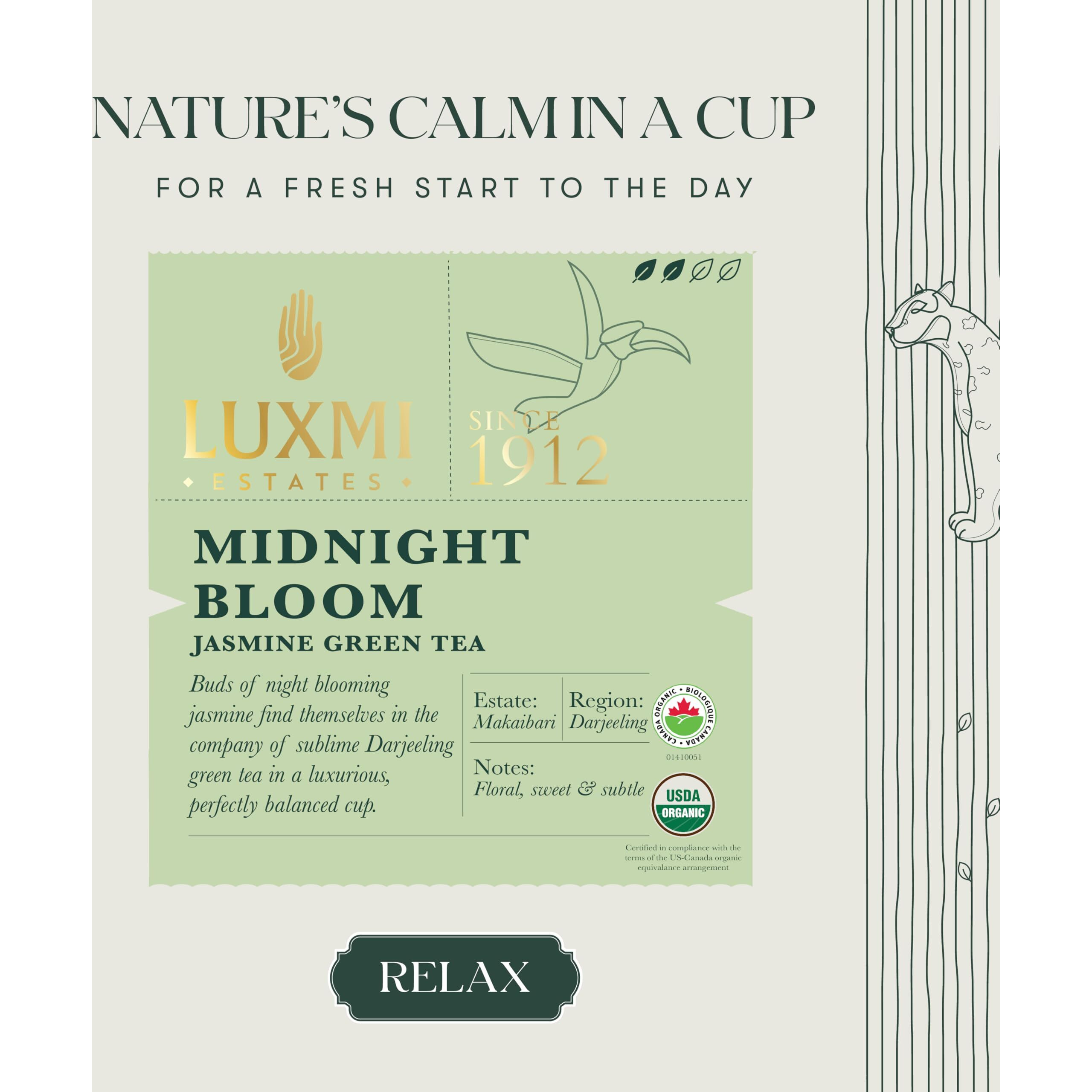 LUXMI Estates Midnight Bloom Jasmine Green Loose Leaf Tea 50 Tea Bags (100 Gm) Pack | Certified Usda Organic Green Tea | With Organic Jasmine Buds | Darjeeling Green Tea| | (50 Cups Bulk Pack)