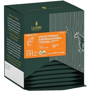 LUXMI Estates Astounding Ashwagandha Root Tea 15 Tea Bags (30Gm) Pack | Certified Usda Organic Herbal Eco-Conscious Tea Bags For Stress Support | With Turmeric, Ginger, Lemongrass & More