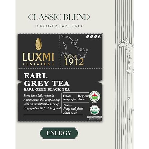 Luxmi Estates Garo Hills Organic Earl Grey Black Tea 15 Tea Bags (30gm) Pack | USDA Organic | 100% Natural Bergamot Extracts | 15 Cups | Assam Black Tea