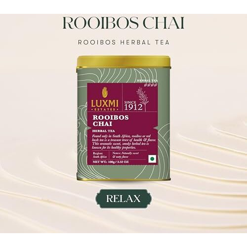 Luxmi Estates Rooibos Chai Herbal Tea 100gm Tin Caddy | Certified Organic Tea | Caffeine-Free | 50 Cups