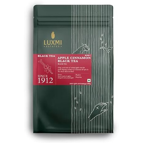 LUXMI Estates Apple Cinnamon Black Tea 50 Tea Bags (100 Gram) Pack | Usda Certified Premium Black Tea | Anti-Oxidants, Immunity Booster | 50 Cups Bulk Pack