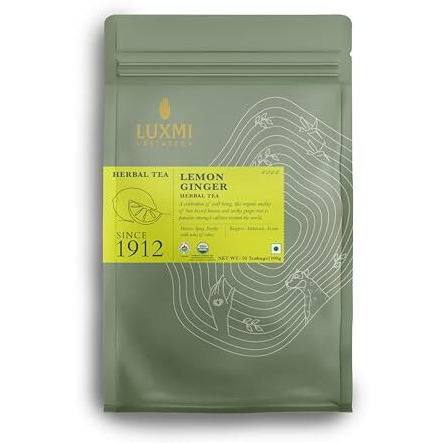 LUXMI Estates Lemon Ginger Root - 50 Tea Bags (100 Gram) Pack | Certified Organic Herbal Tea | Citrus Flavor & Aroma | Lemon Peel, Ginger, Lemongrass, Licorice | 50 Cups Bulk Pack