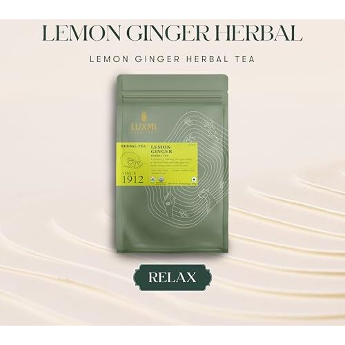 LUXMI Estates Lemon Ginger Root - 50 Tea Bags (100 Gram) Pack | Certified Organic Herbal Tea | Citrus Flavor & Aroma | Lemon Peel, Ginger, Lemongrass, Licorice | 50 Cups Bulk Pack