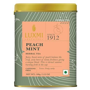 LUXMI Estates Peach Mint Herbal Tea 100Gm Tin Caddy | Usda Certified Organic Herbal Tea | Caffeine-Free | 50 Cups, Loose Leaves