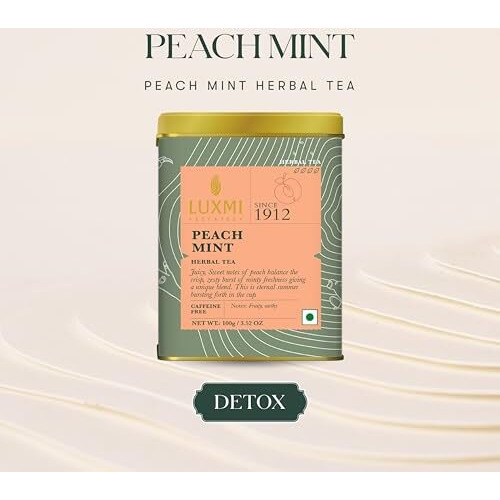LUXMI Estates Peach Mint Herbal Tea 100Gm Tin Caddy | Usda Certified Organic Herbal Tea | Caffeine-Free | 50 Cups, Loose Leaves