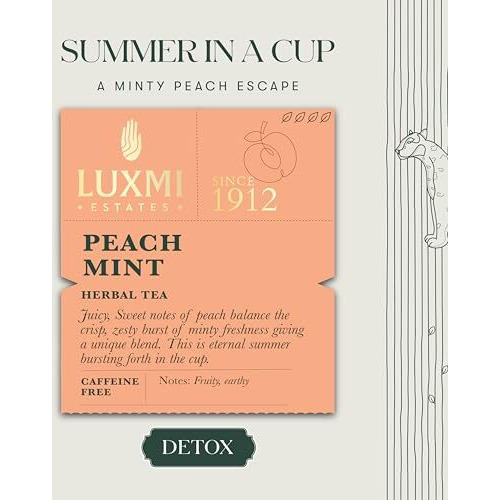 LUXMI Estates Peach Mint Herbal Tea 100Gm Tin Caddy | Usda Certified Organic Herbal Tea | Caffeine-Free | 50 Cups, Loose Leaves