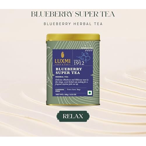 LUXMI Estates Blueberry Super Tea 100 Gram Tin Caddy|Certified Organic Tea|Caffeine-Free|50 Cups, Hibiscus
