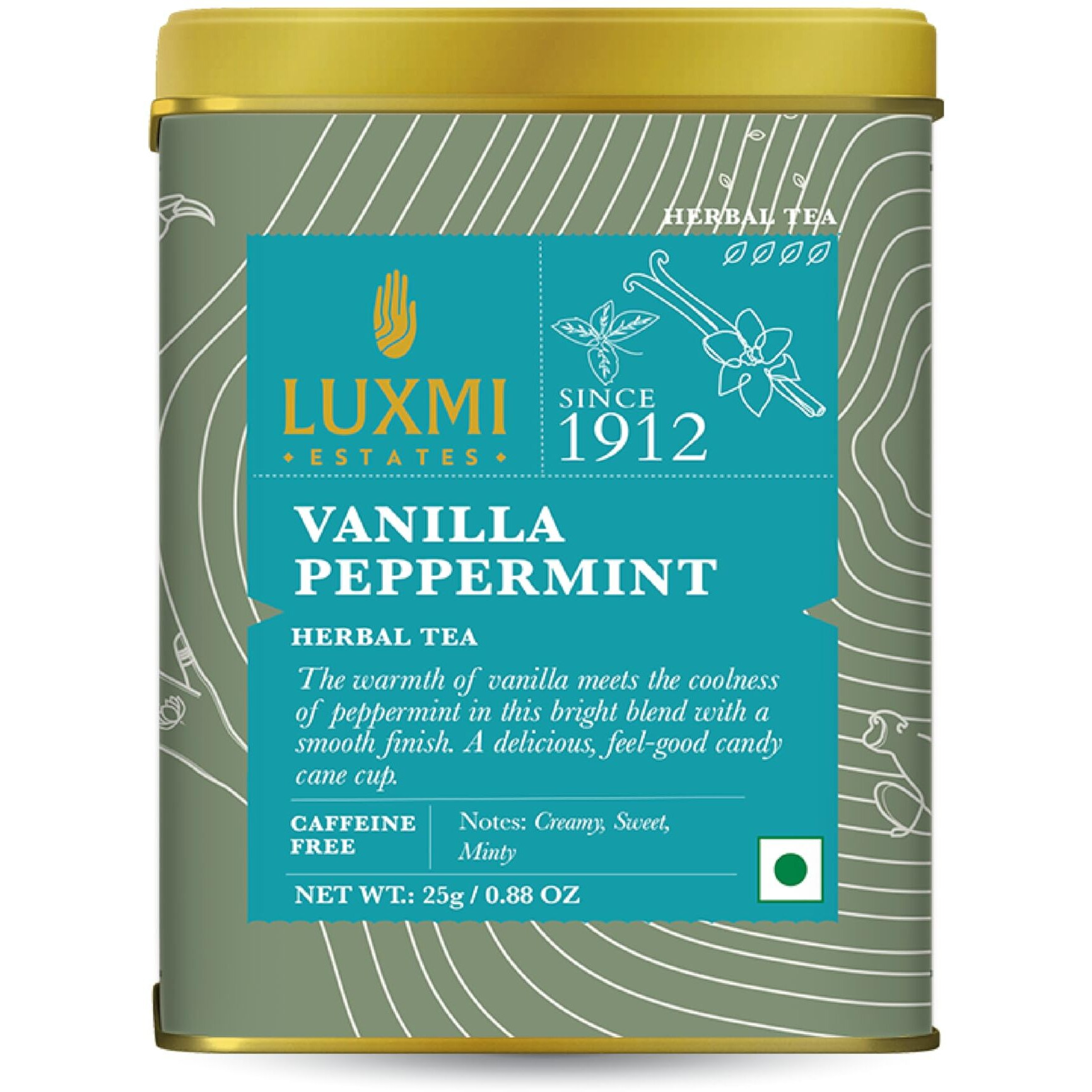 LUXMI Estates Vanilla Peppermint Herbal Tea 25Gm Tin Caddy | Usda Certified Organic Herbal Tea Loose Leaves | Caffeine-Free | 12 Cups