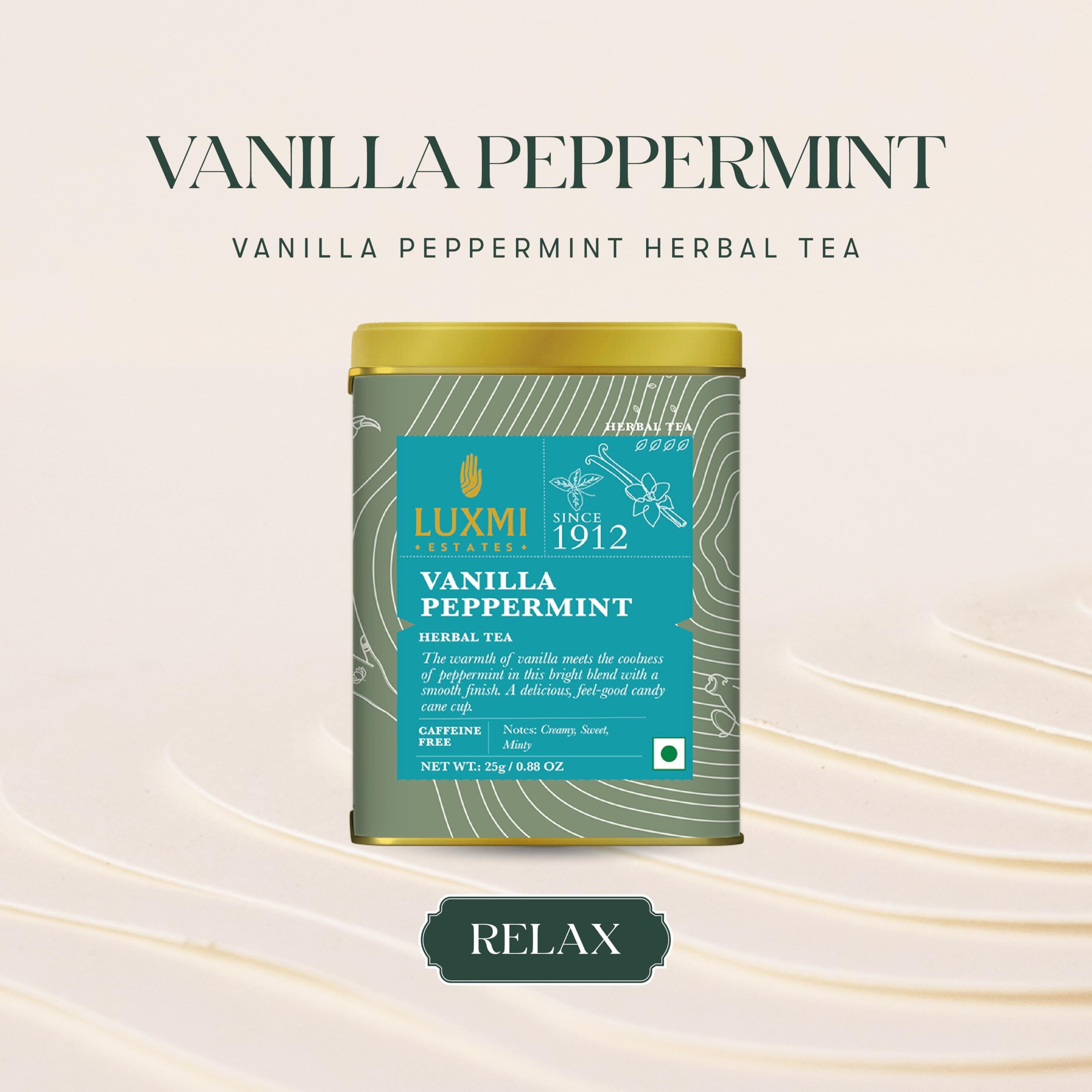 LUXMI Estates Vanilla Peppermint Herbal Tea 25Gm Tin Caddy | Usda Certified Organic Herbal Tea Loose Leaves | Caffeine-Free | 12 Cups