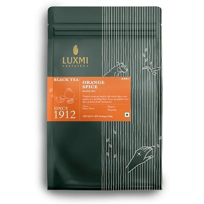 LUXMI Estates Orange Spice Black Tea 50 Tea Bags (100 gram) Pack | Certified Organic Black Tea | Smooth, Flavorful, Robust, Caffeinated | Darjeeling Tea From India | 50 Cups Bulk Pack