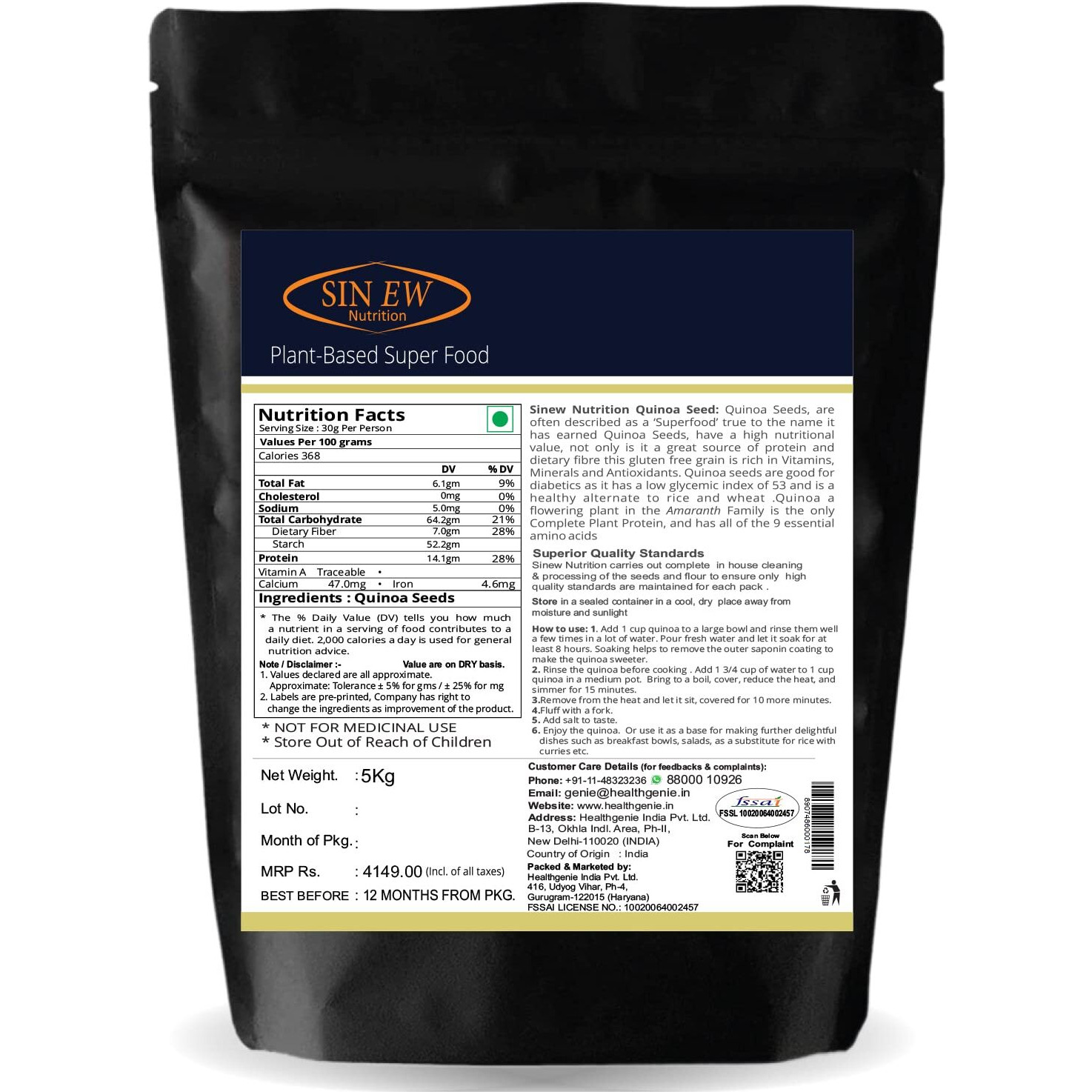 Sinew Nutrition Quinoa 5kg REFILL pack For Weight Management, Gluten Free Quinoa seeds Rich in Protein, Fiber, Iron