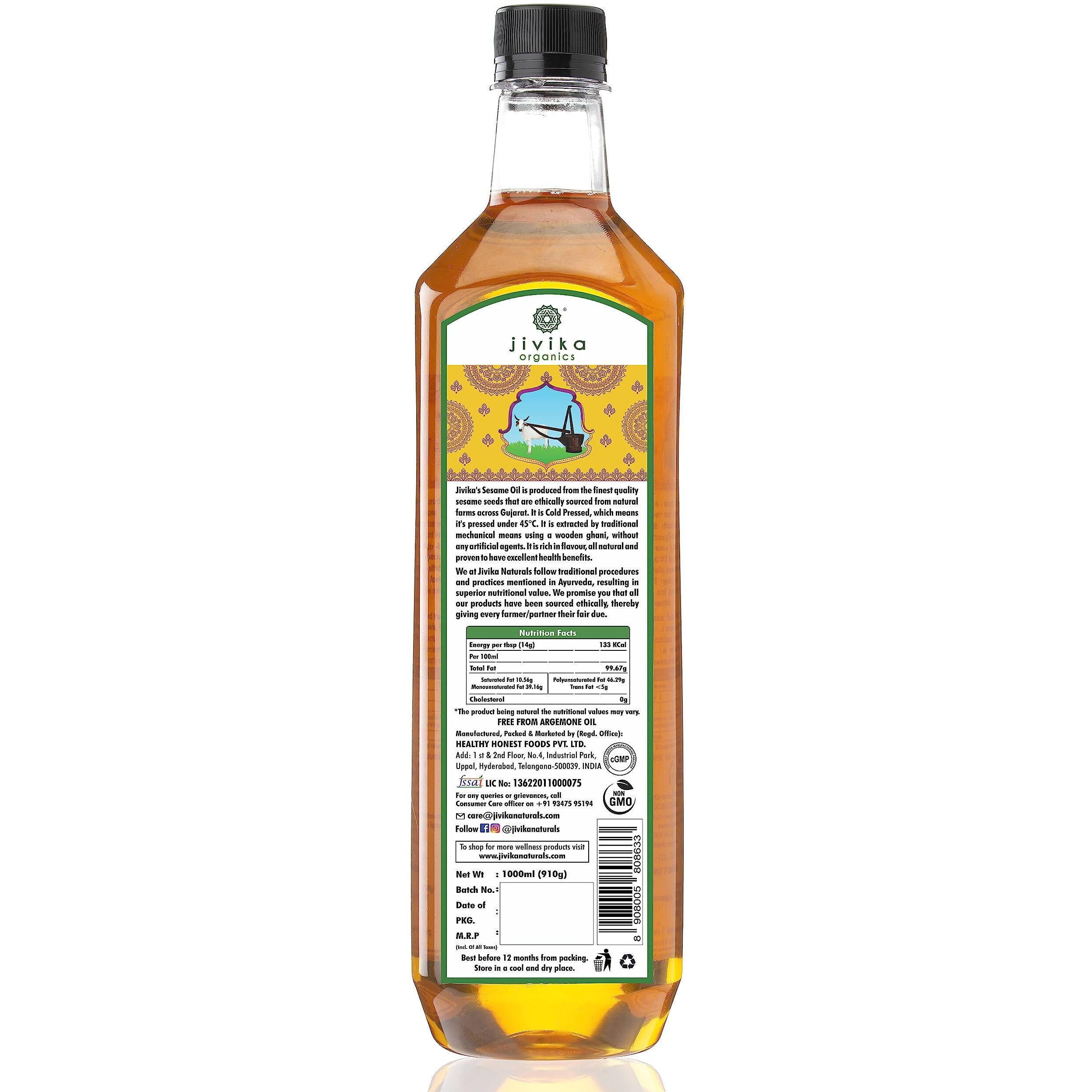 Jivika Cold Pressed Sesame Oil 1 Litre | Unrefined | Kolhu/Kacchi Ghani/Chekku | Natural | Chemical-Free | Cold Pressed Sesame Oil for Cooking | A1 Grade Sesame Seeds | Rich Aroma & Flavour