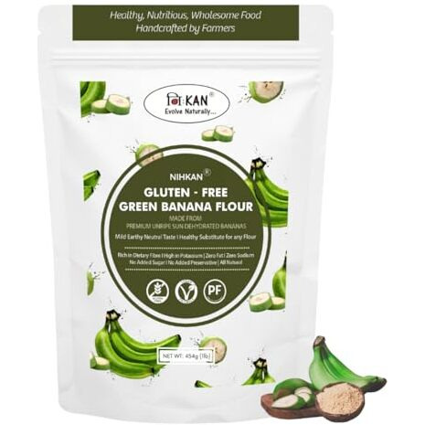 NIHKAN Gluten free Green Banana Flour - 454 gm | Healthy Alternative to Tapioca, Corn or Potato starch | Great for Gluten free Baking I Diabetic & Keto friendly | Healthy Gut fibre | Ideal for fasting