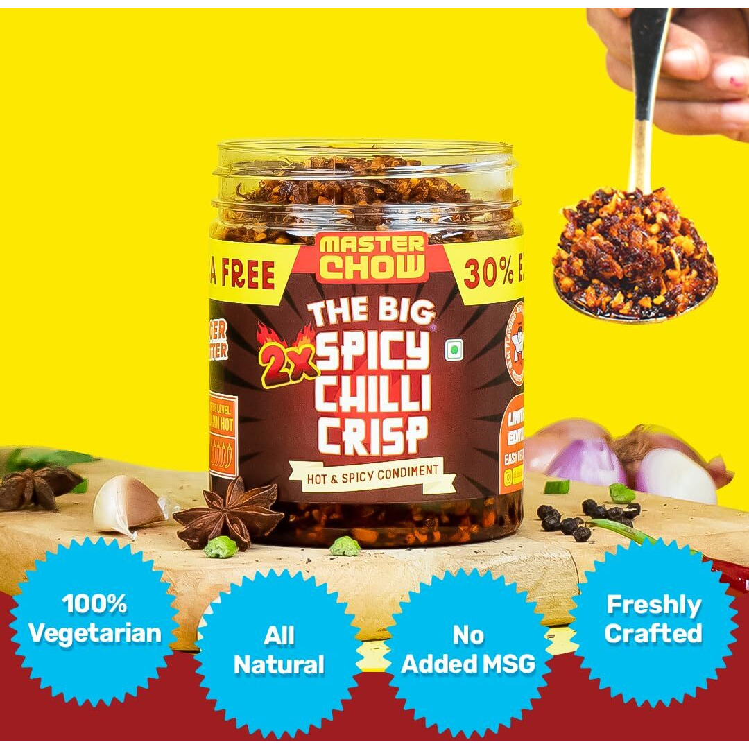 MasterChow 2X Chilli Leaves Garlic Crisp (450Gms) - 30% Extra | Extra Hot - Extra Big |Made With Sichuan Peppercorns, Crunchy Garlic & Red Chillies