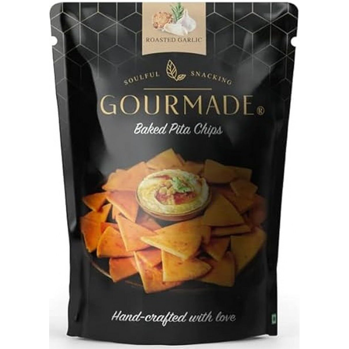 Gourmade Soulful Snacking Gourmade Pita Chips Snacking Roasted Garlic(Pack of 1,125gm)|Baked Chips|Dip Chips|Starter Chips|Healthy Travel Snack|Mediterrianean Pita Bread Chips|Nachos & Tortillas
