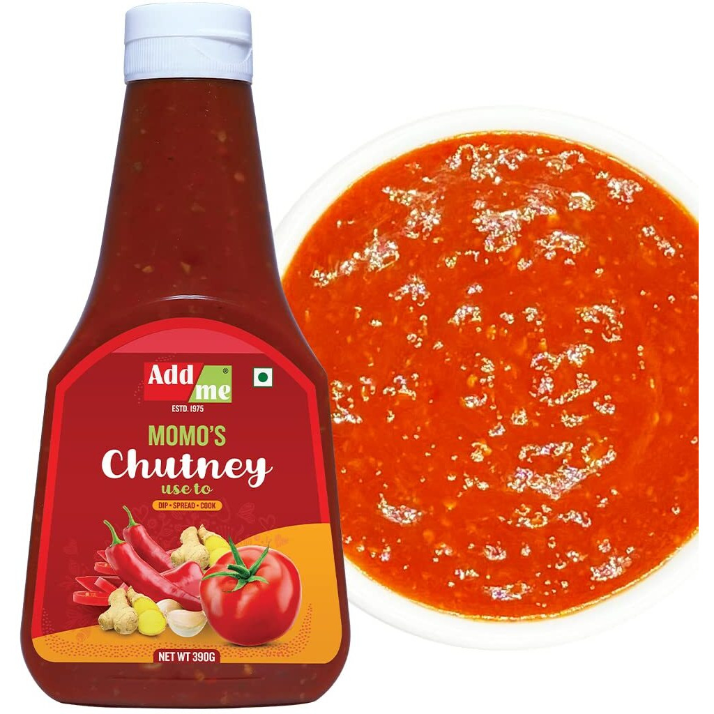 Add me Homemade Momos Chutney Spicy Schezwan Red Chilli Garlic Tomato Sauce Chatni 390 grams Squeeze Bottle