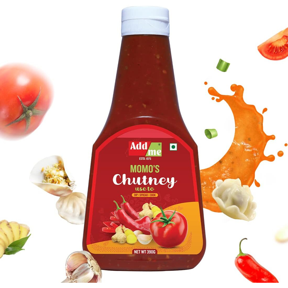 Add me Homemade Momos Chutney Spicy Schezwan Red Chilli Garlic Tomato Sauce Chatni 390 grams Squeeze Bottle