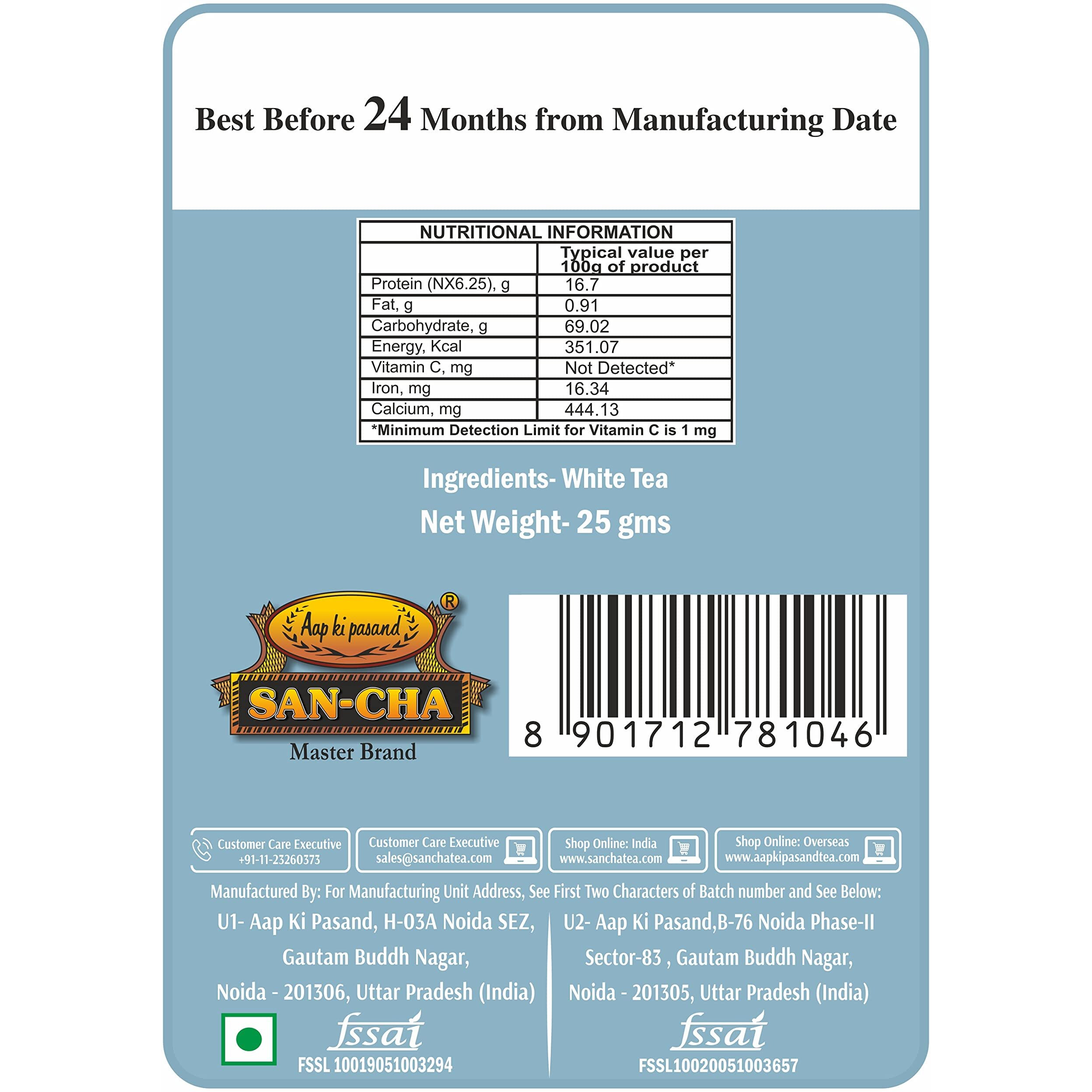 SAN-CHA Tea Boutique, White Blossom White Tea, (25X3Cups), Organic White Tea, Richest In Antioxidants, Silver Needles White Tea, Low Caffeine Tea, 50 Grams Loose Leaves, Pack Of 1