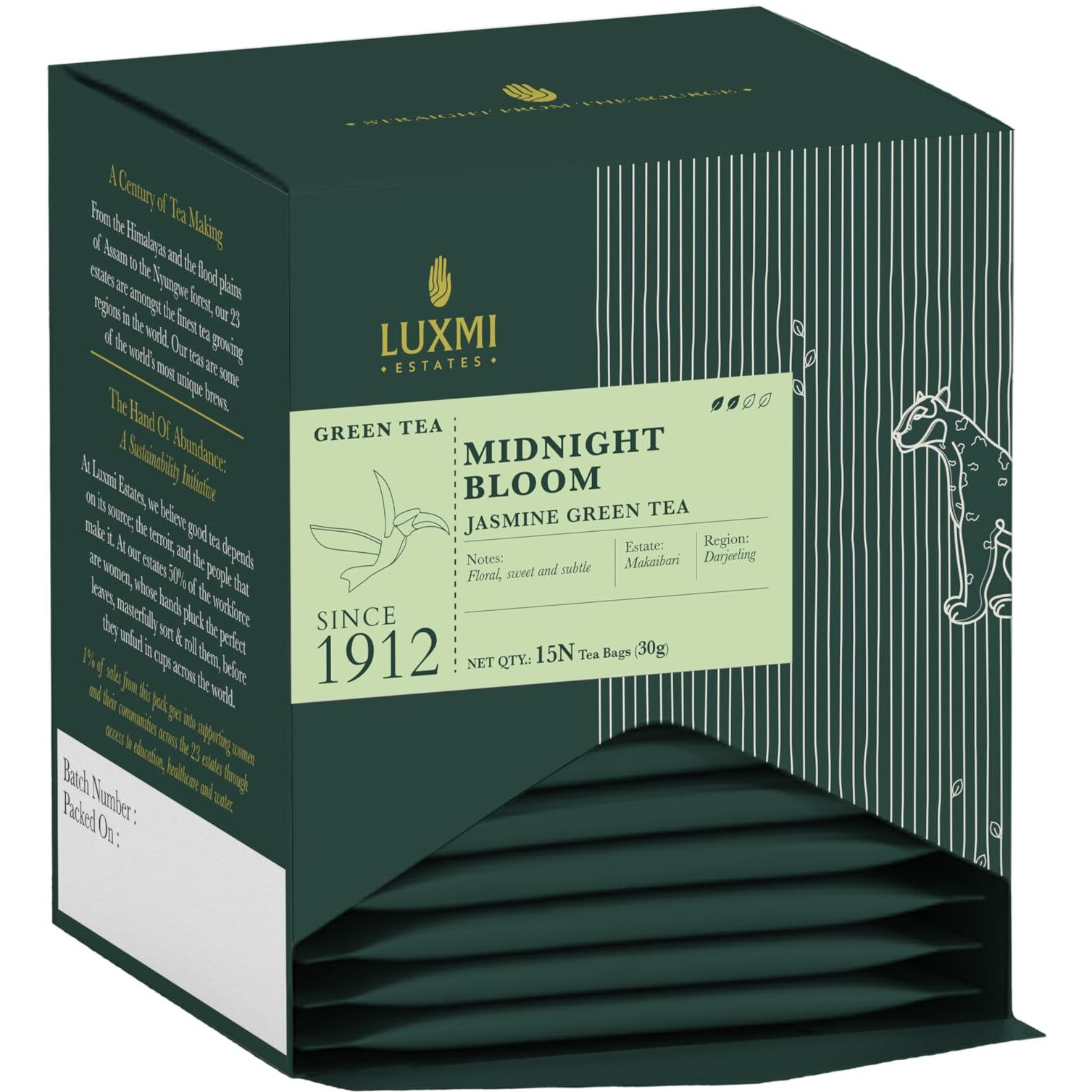 Luxmi Estates Midnight Bloom Jasmine Green Tea 15 Tea Bags (30g) Pack | Certified USDA Organic Green Tea | With Organic Jasmine Buds | For Calm Mind and Relaxation | Darjeeling Green Tea | 15 Cups