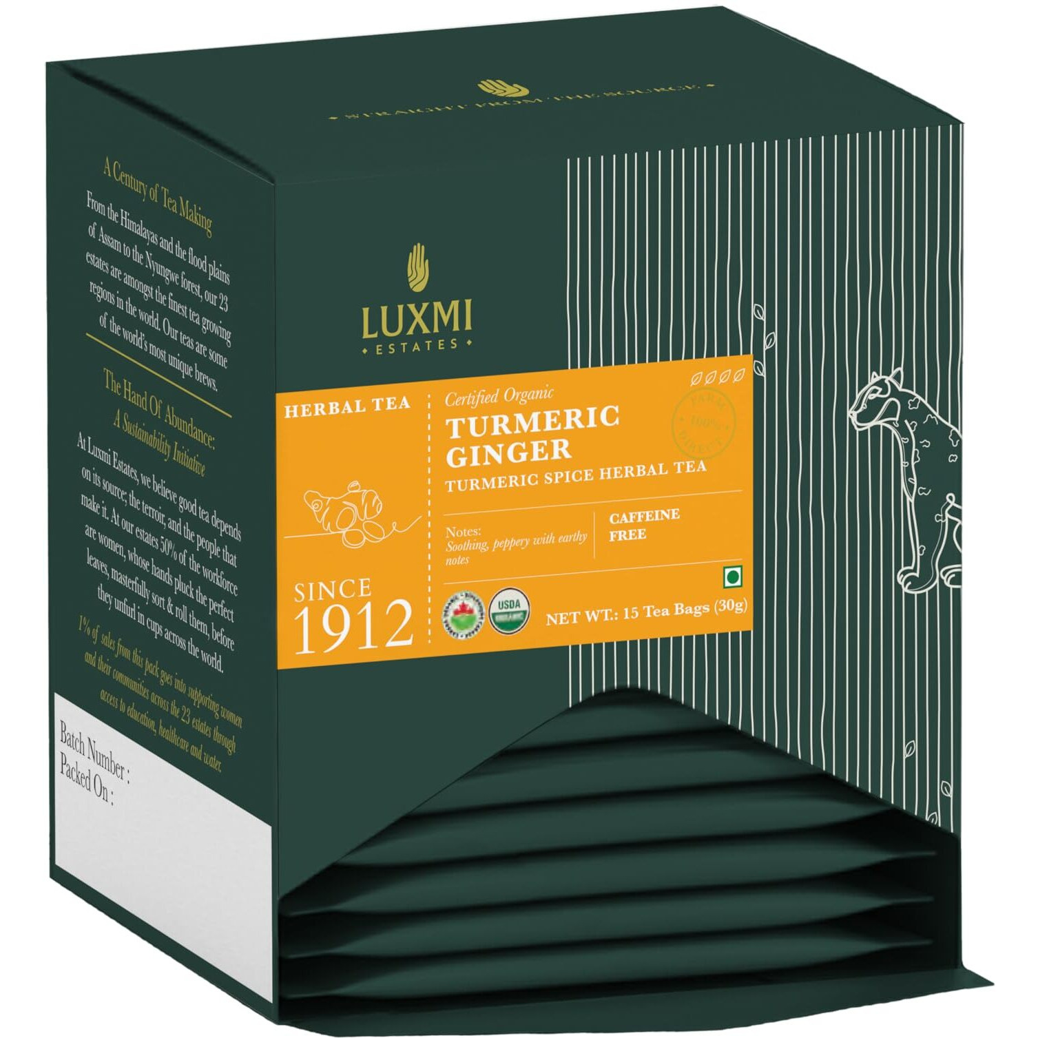 LUXMI Estates Turmeric Time-Out Herbal Tea - 15 Tea Bags (30 Gram) | Certified Usda Organic Herbal Tea | Turmeric, Ginger, Cardamom, Black Pepper Blend | Supports Healthy Inflammation Response