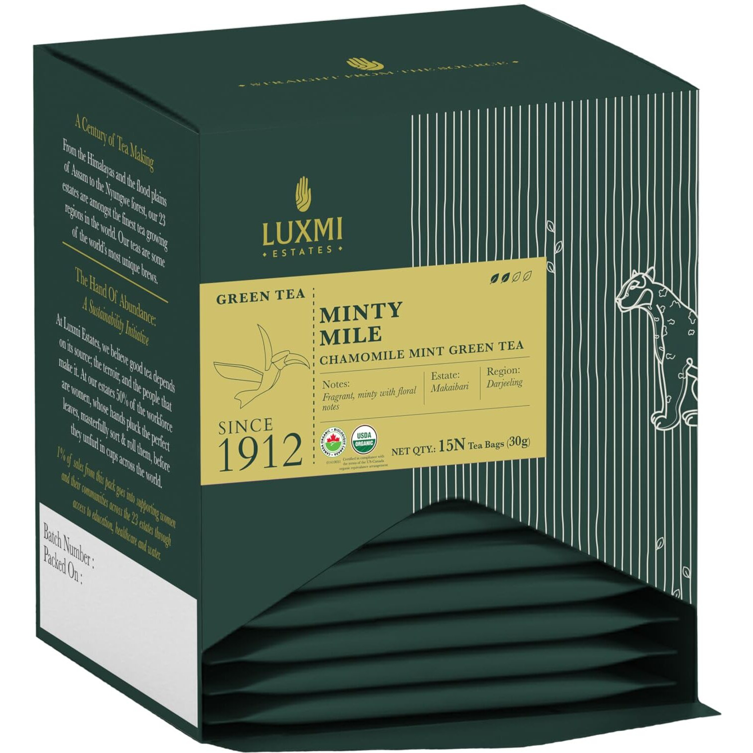 LUXMI Estates Minty Mile Chamomile Mint Green Tea 15 Tea Bags (30 Gram) Pack | Certified Organic Green Tea | Low Caffeine Chamomile Tea | Mint Tea Bags Best For Night Time | 15 Cups
