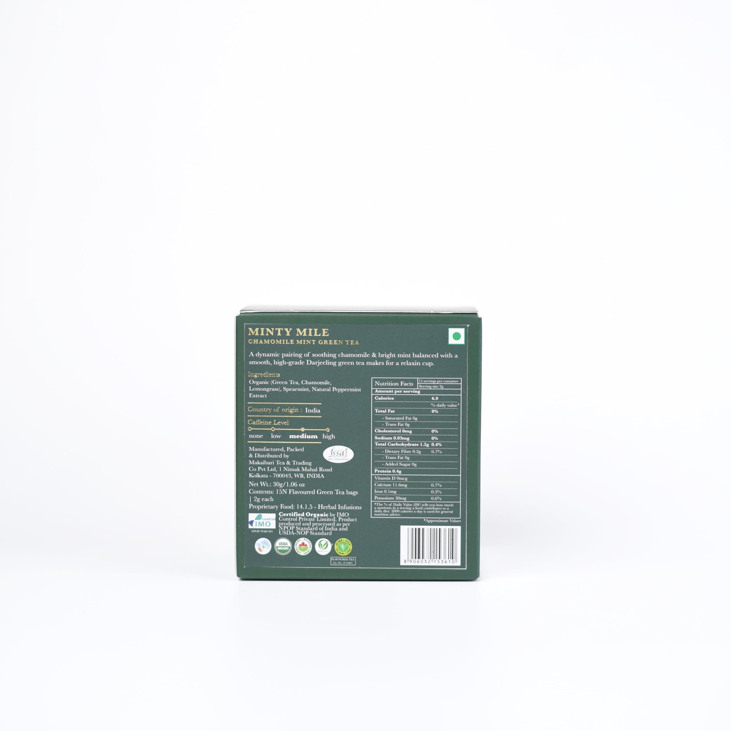 LUXMI Estates Minty Mile Chamomile Mint Green Tea 15 Tea Bags (30 Gram) Pack | Certified Organic Green Tea | Low Caffeine Chamomile Tea | Mint Tea Bags Best For Night Time | 15 Cups