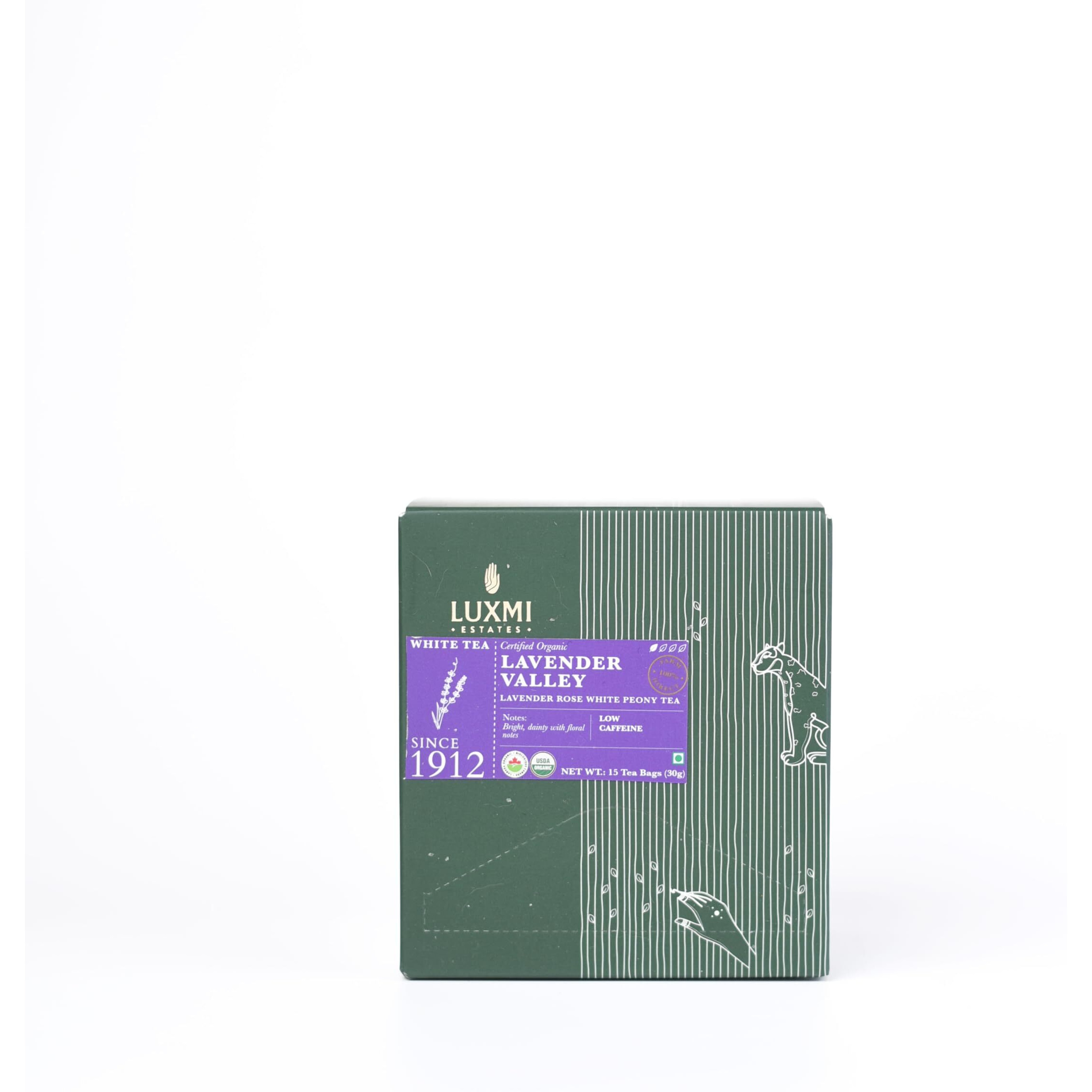LUXMI Estates Lavender Valley White Tea - 15 Tea Bags (30 Gram) Pack | Certified Organic White Tea | Lavender Tea | Promotes Good Sleep, Stress Relief | Improves Immunity | Soothing Tea For Relaxation