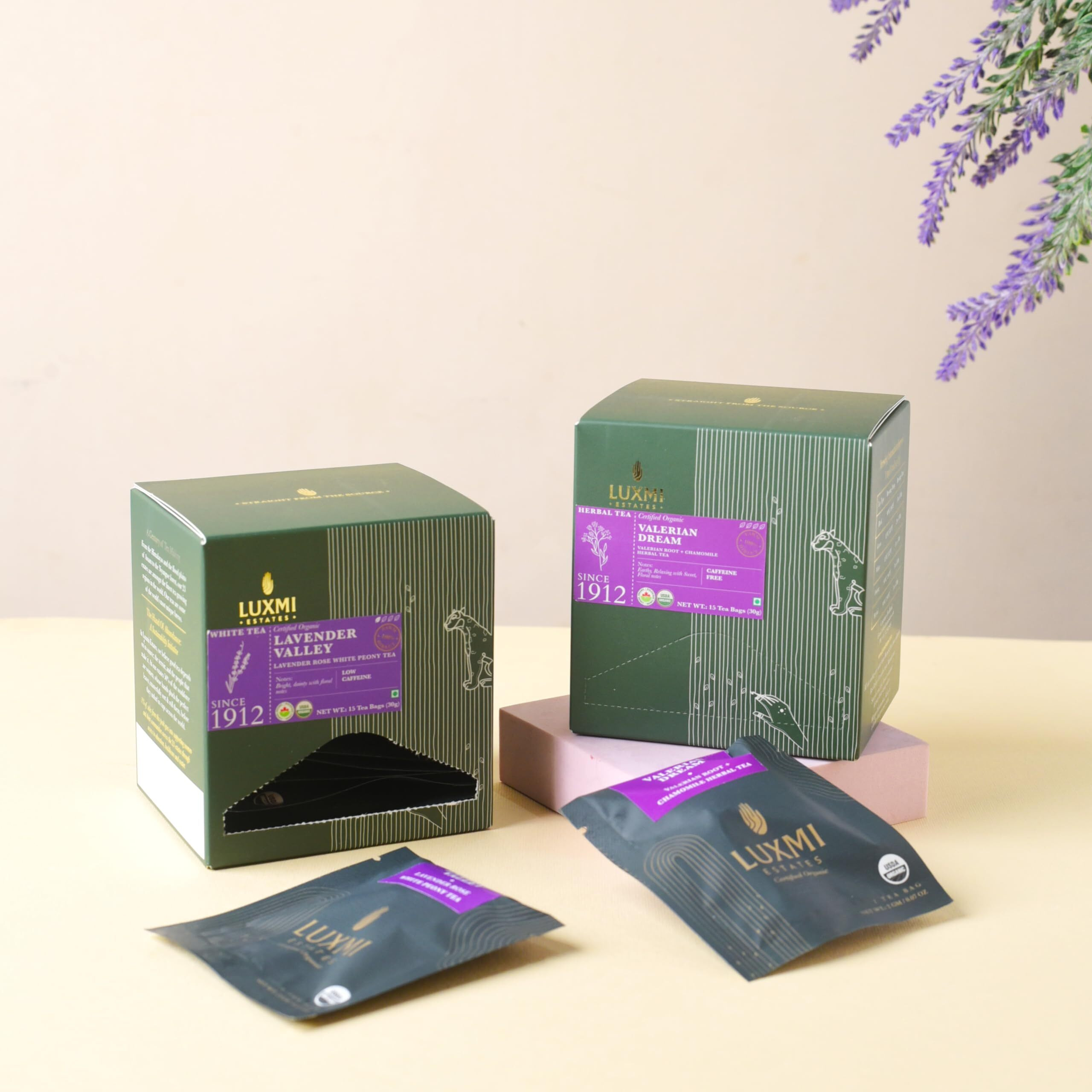 LUXMI Estates Lavender Valley White Tea - 15 Tea Bags (30 Gram) Pack | Certified Organic White Tea | Lavender Tea | Promotes Good Sleep, Stress Relief | Improves Immunity | Soothing Tea For Relaxation