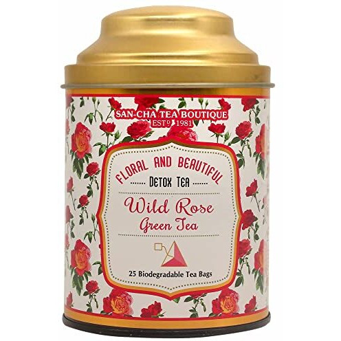 SAN-CHA Tea Boutique Wild Rose Green Tea Bags, Pyramid Tea Bags (Pack Of 25), Good Skin Green Tea, Real Rose Petals Blend, 100% Rainforest Alliance Certified, Detox, 170 Gram